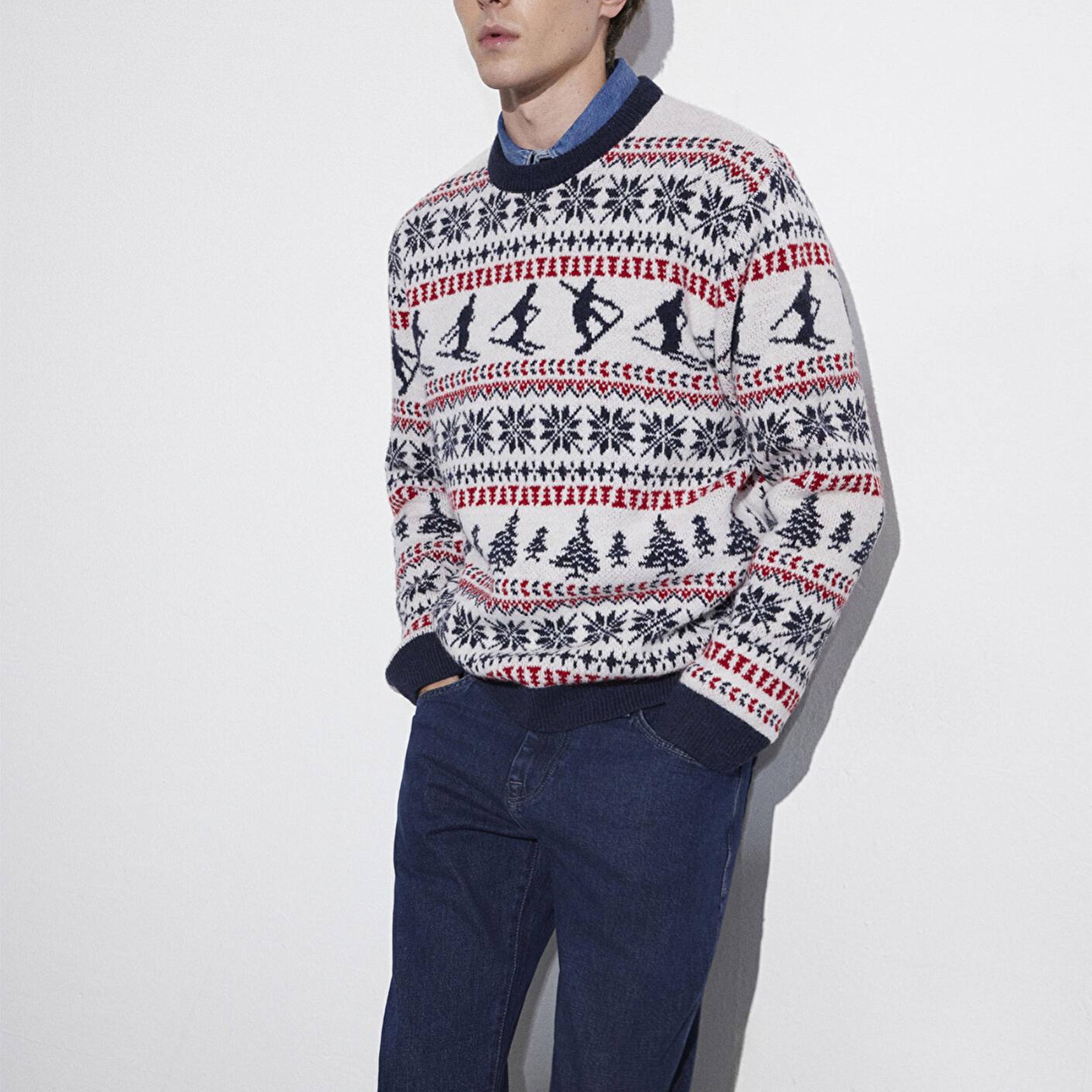 Mavi Yılbaşı Temalı Ekru Kazak Regular Fit / Normal Kesim 0710401-70057