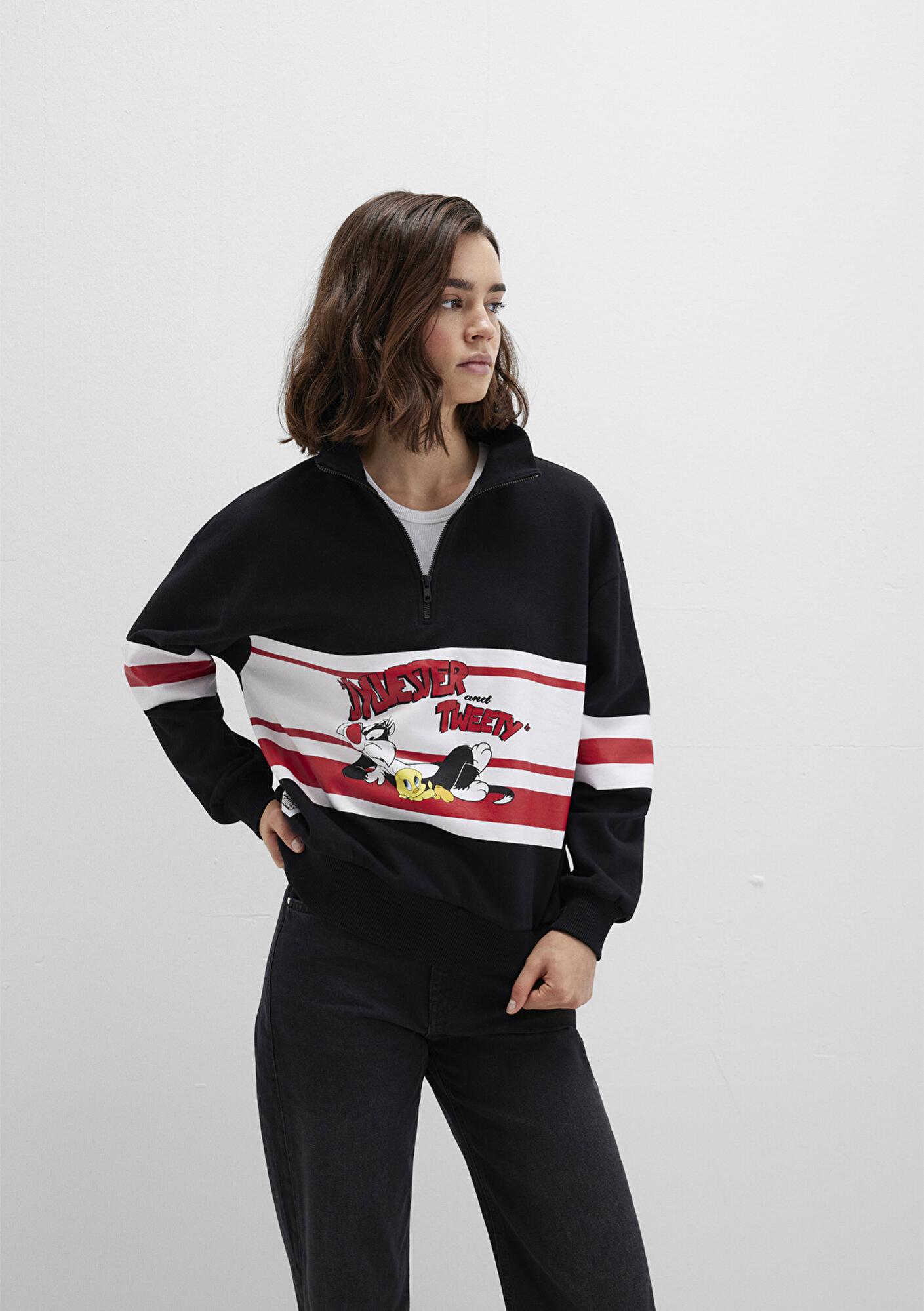 Mavi Tom ve Jerry Baskılı Siyah Sweatshirt 1S10472-900