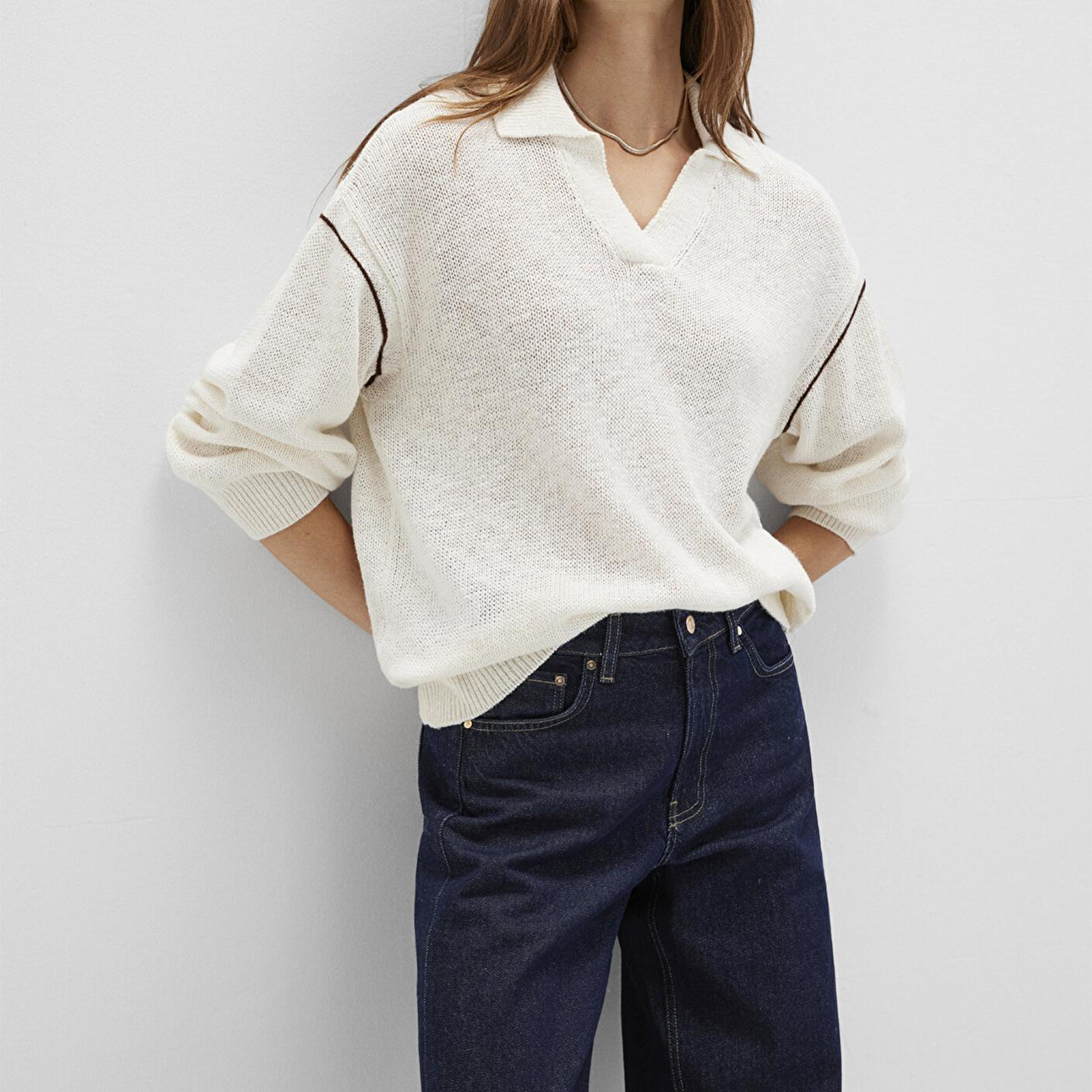 Mavi Keten Karışımlı Kol Detaylı Bej Triko Polo 1710834-91338