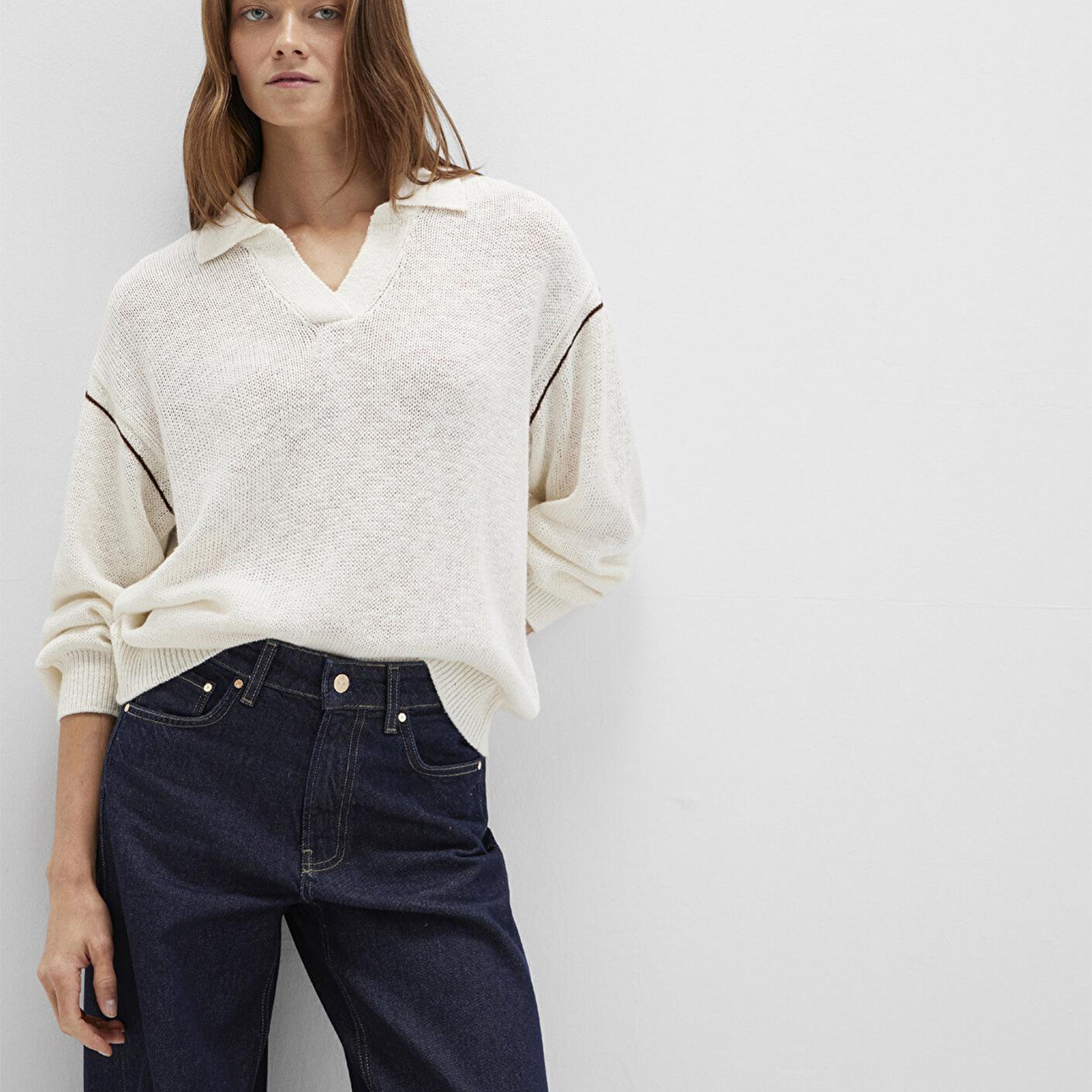 Mavi Keten Karışımlı Kol Detaylı Bej Triko Polo 1710834-91338