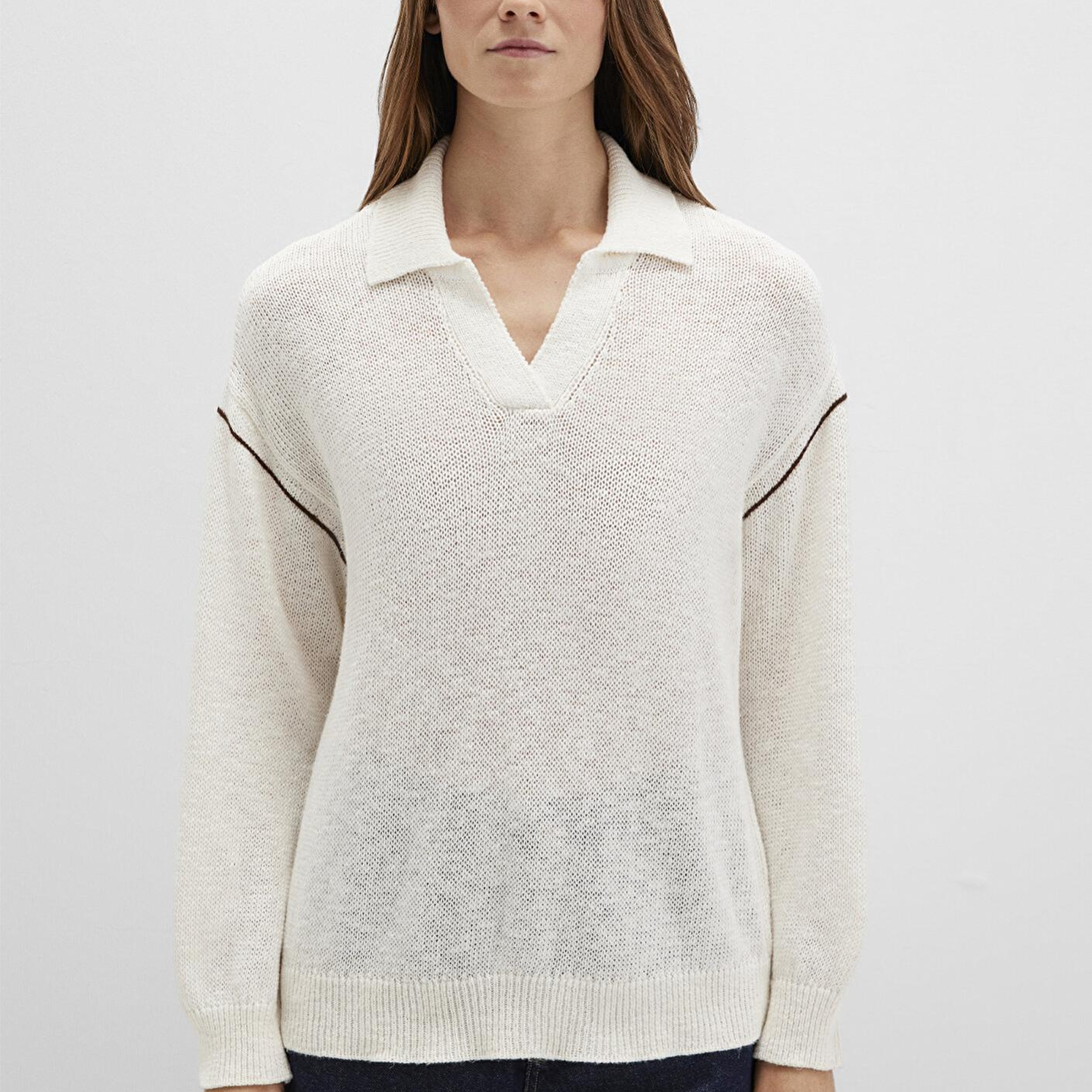 Mavi Keten Karışımlı Kol Detaylı Bej Triko Polo 1710834-91338