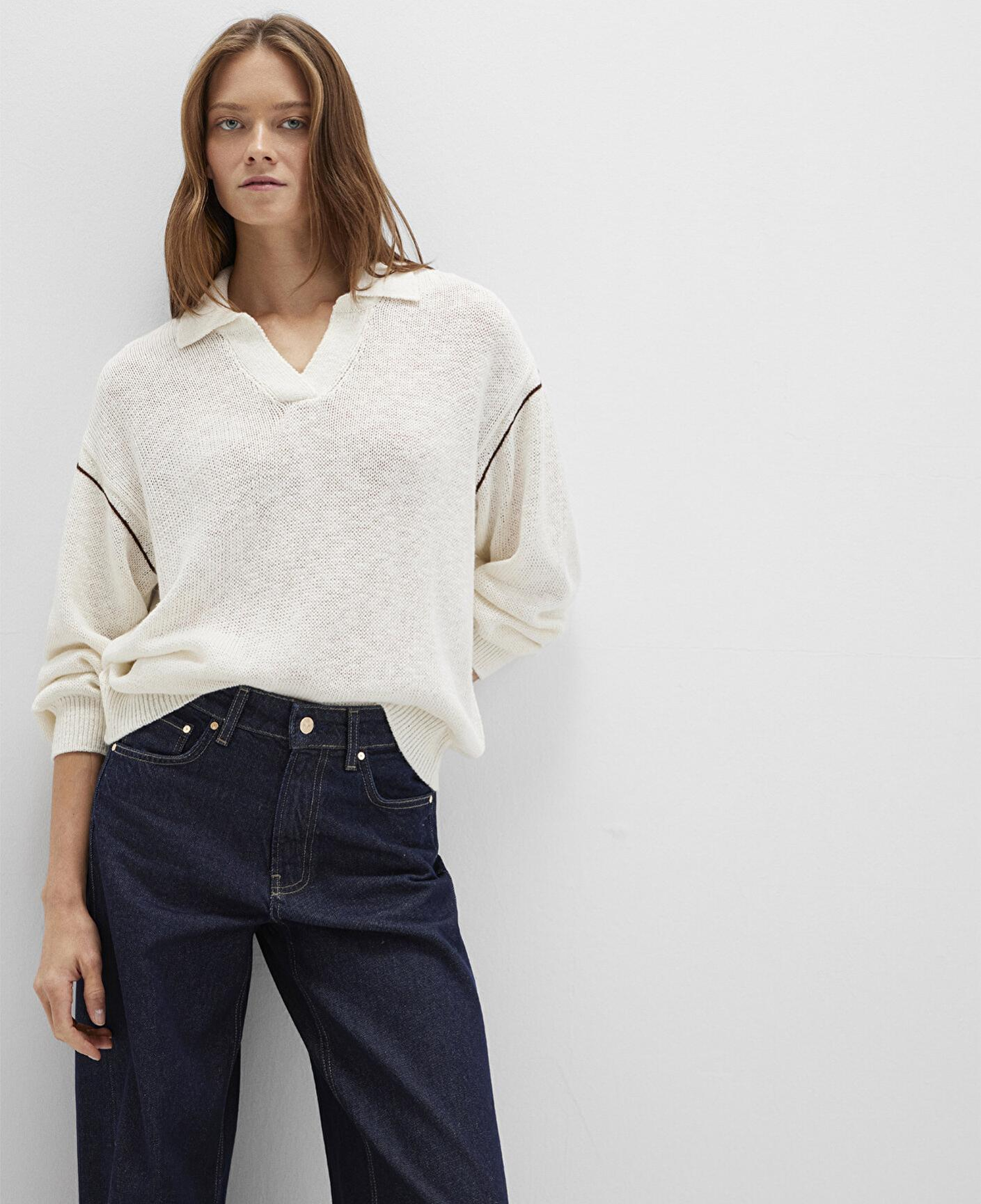 Mavi Keten Karışımlı Kol Detaylı Bej Triko Polo 1710834-91338