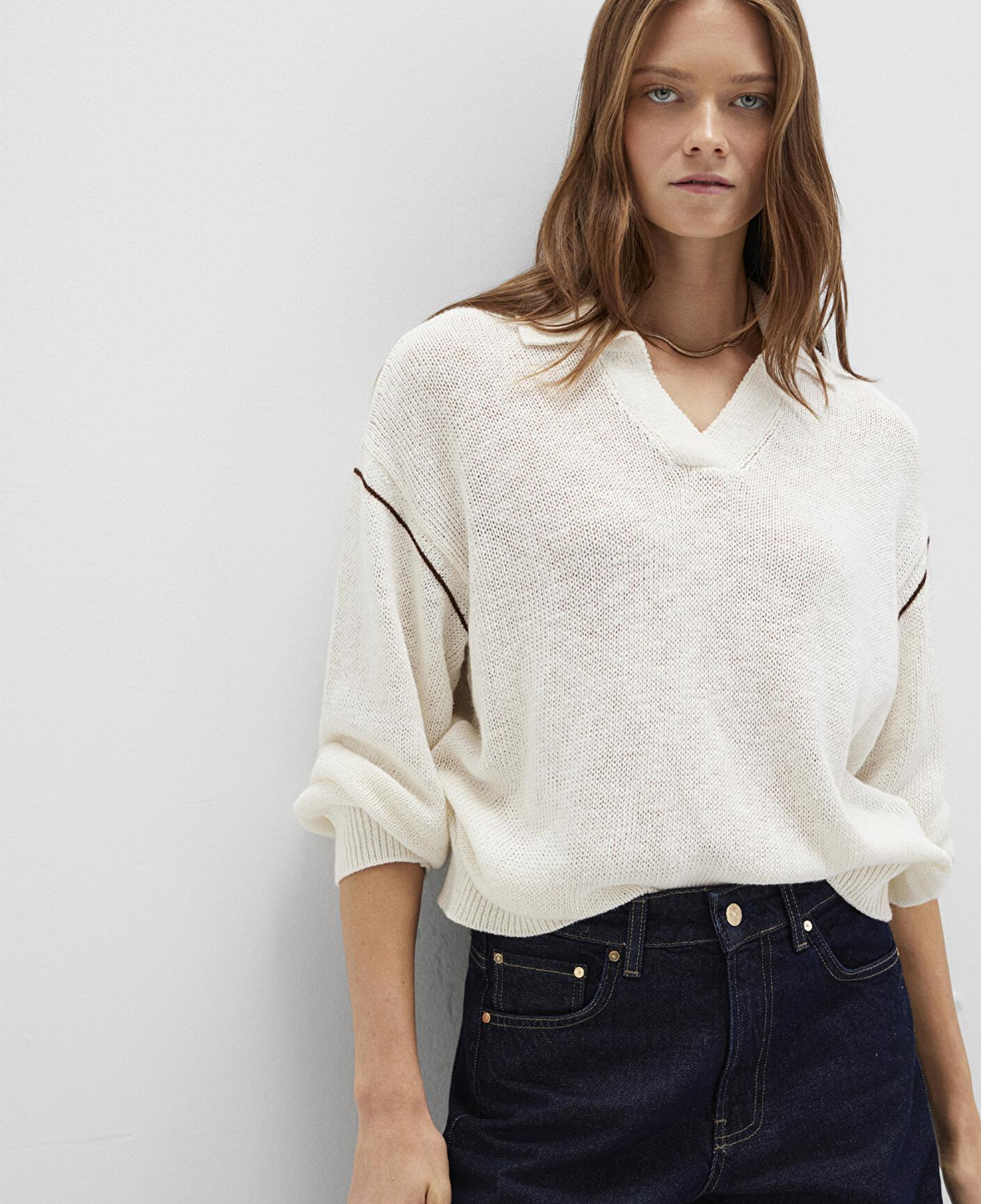 Mavi Keten Karışımlı Kol Detaylı Bej Triko Polo 1710834-91338