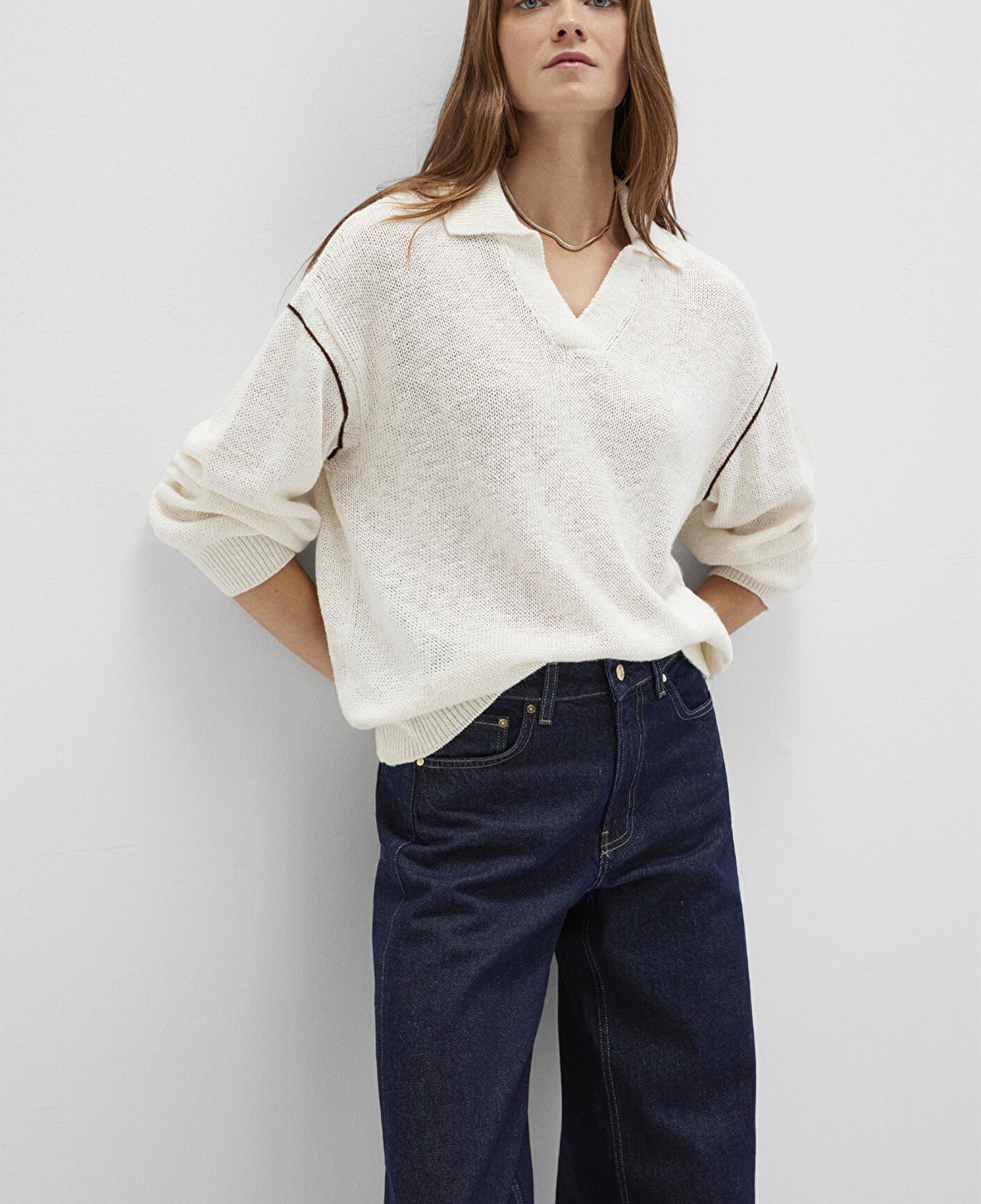 Mavi Keten Karışımlı Kol Detaylı Bej Triko Polo 1710834-91338