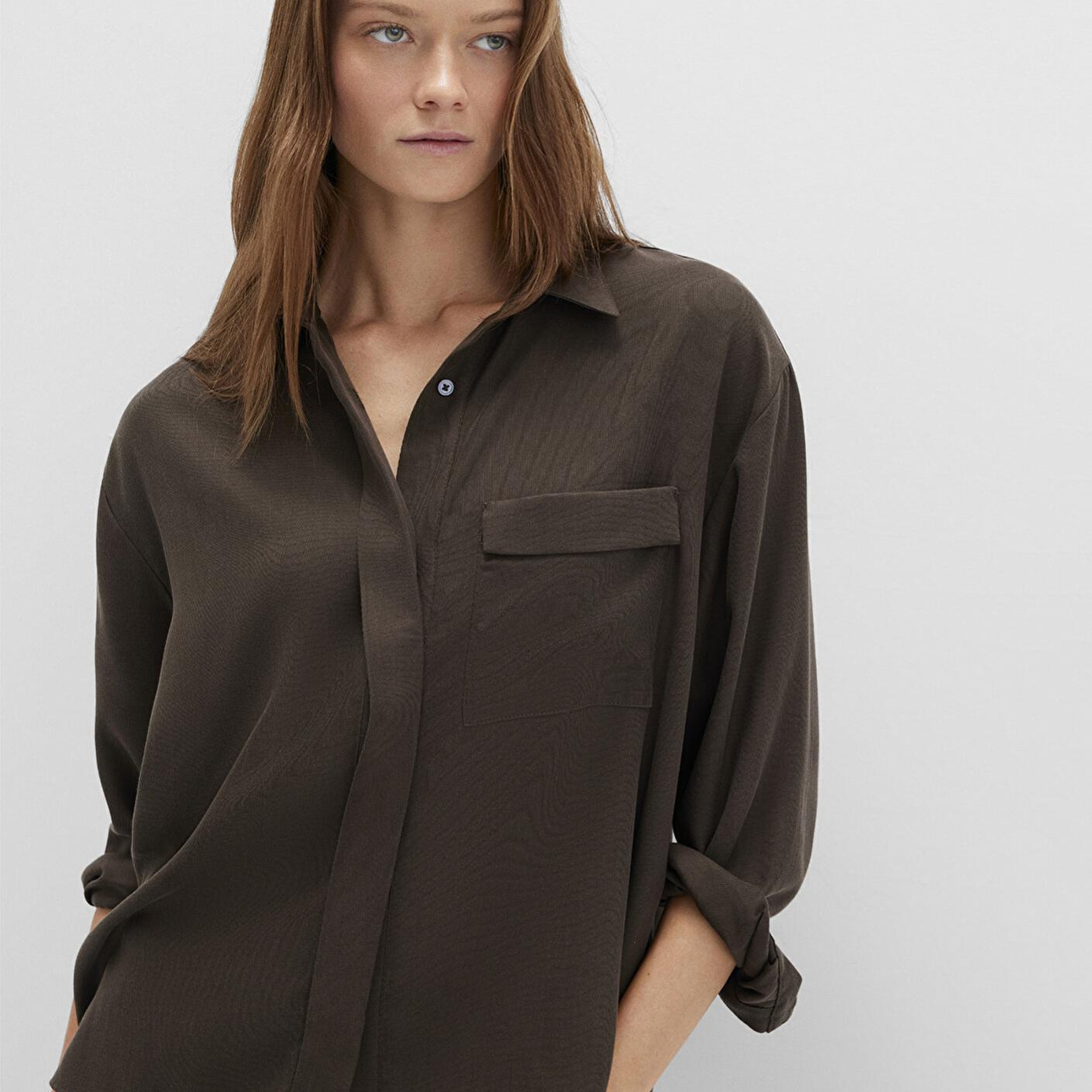 Mavi Kahverengi (TENCEL™) Liyosel Gömlek Oversize / Geniş Kesim 1211354-71540