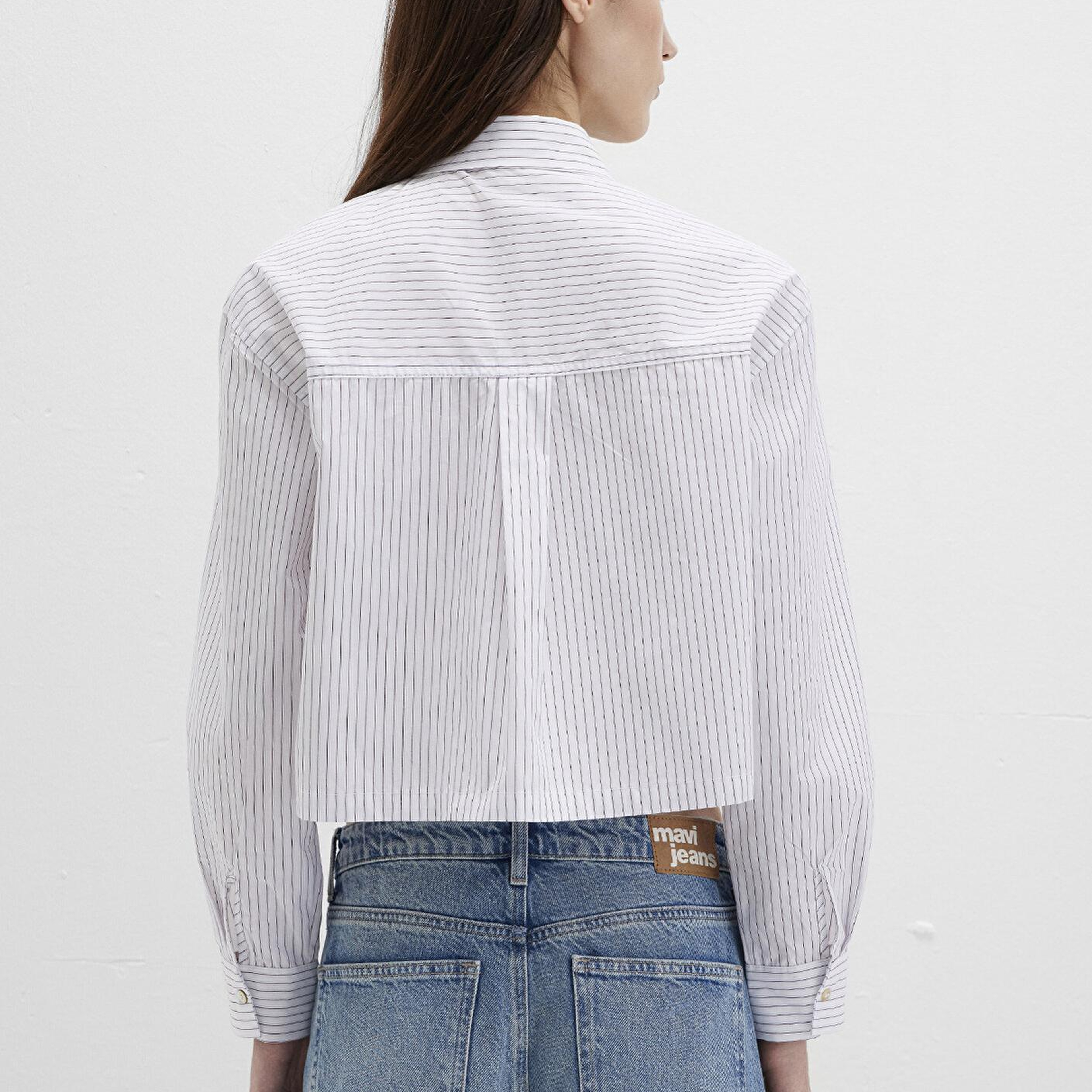 Mavi Çizgili Beyaz Crop Gömlek Crop / Kısa Kesim 1211297-88614