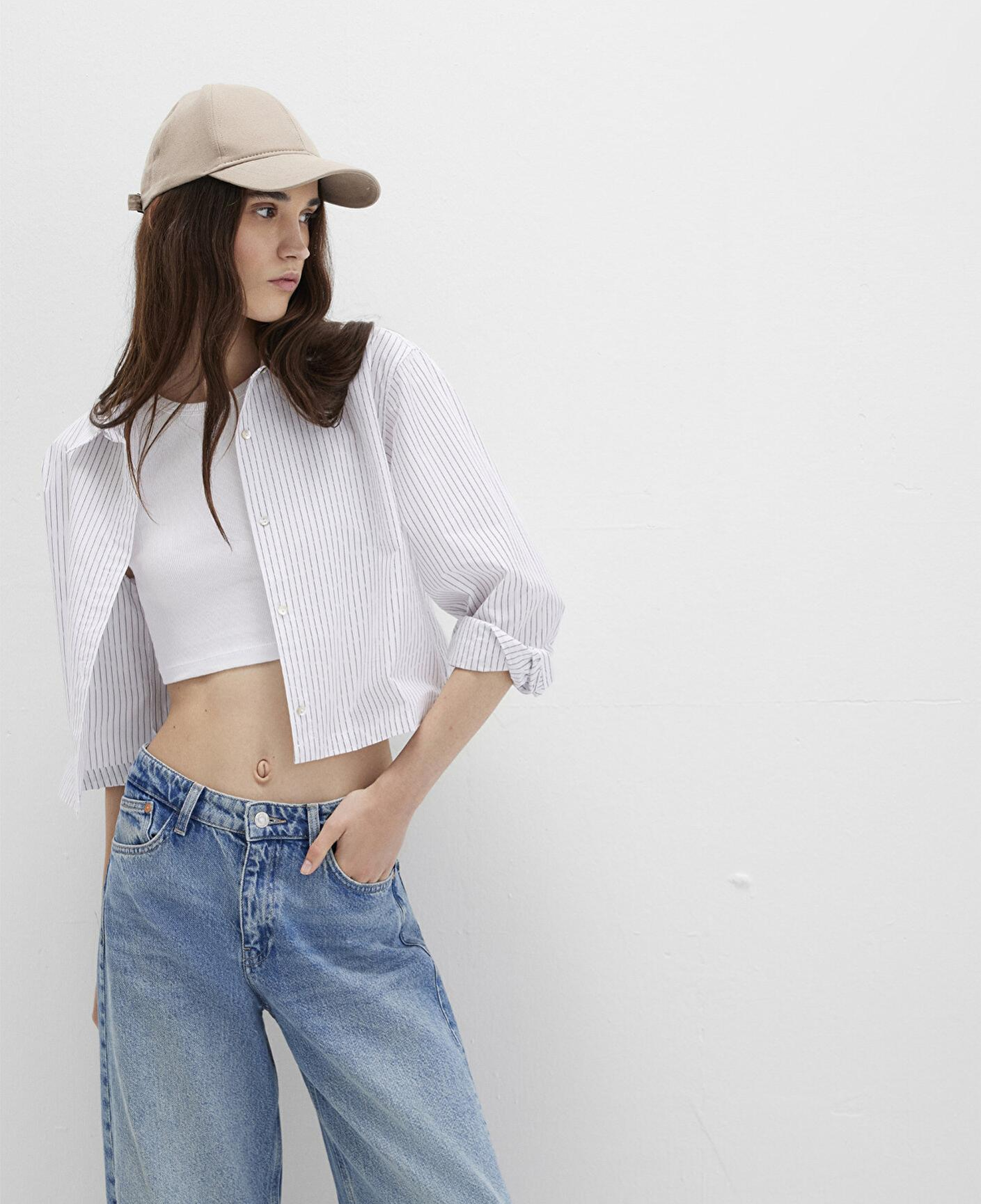 Mavi Çizgili Beyaz Crop Gömlek Crop / Kısa Kesim 1211297-88614