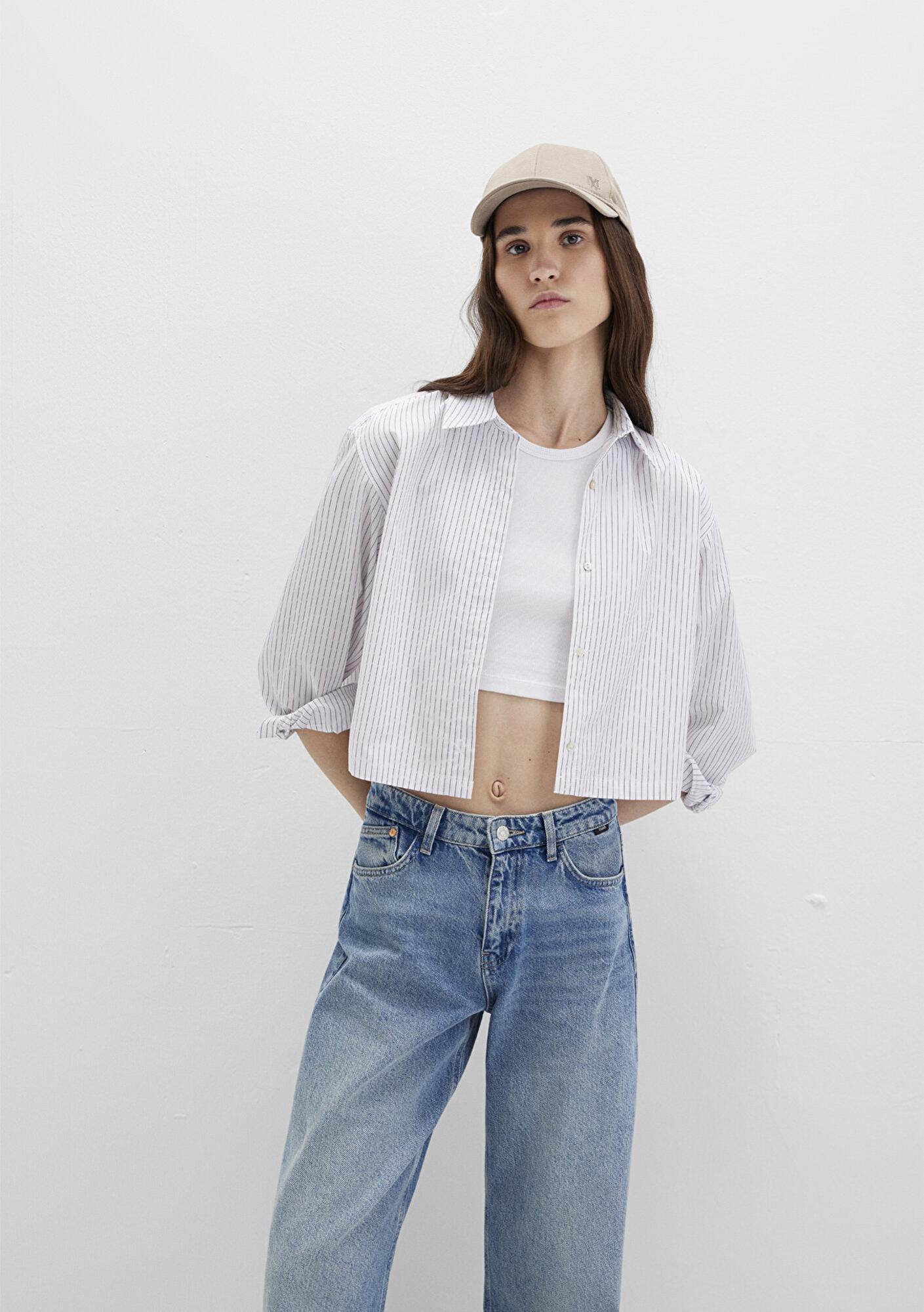 Mavi Çizgili Beyaz Crop Gömlek Crop / Kısa Kesim 1211297-88614