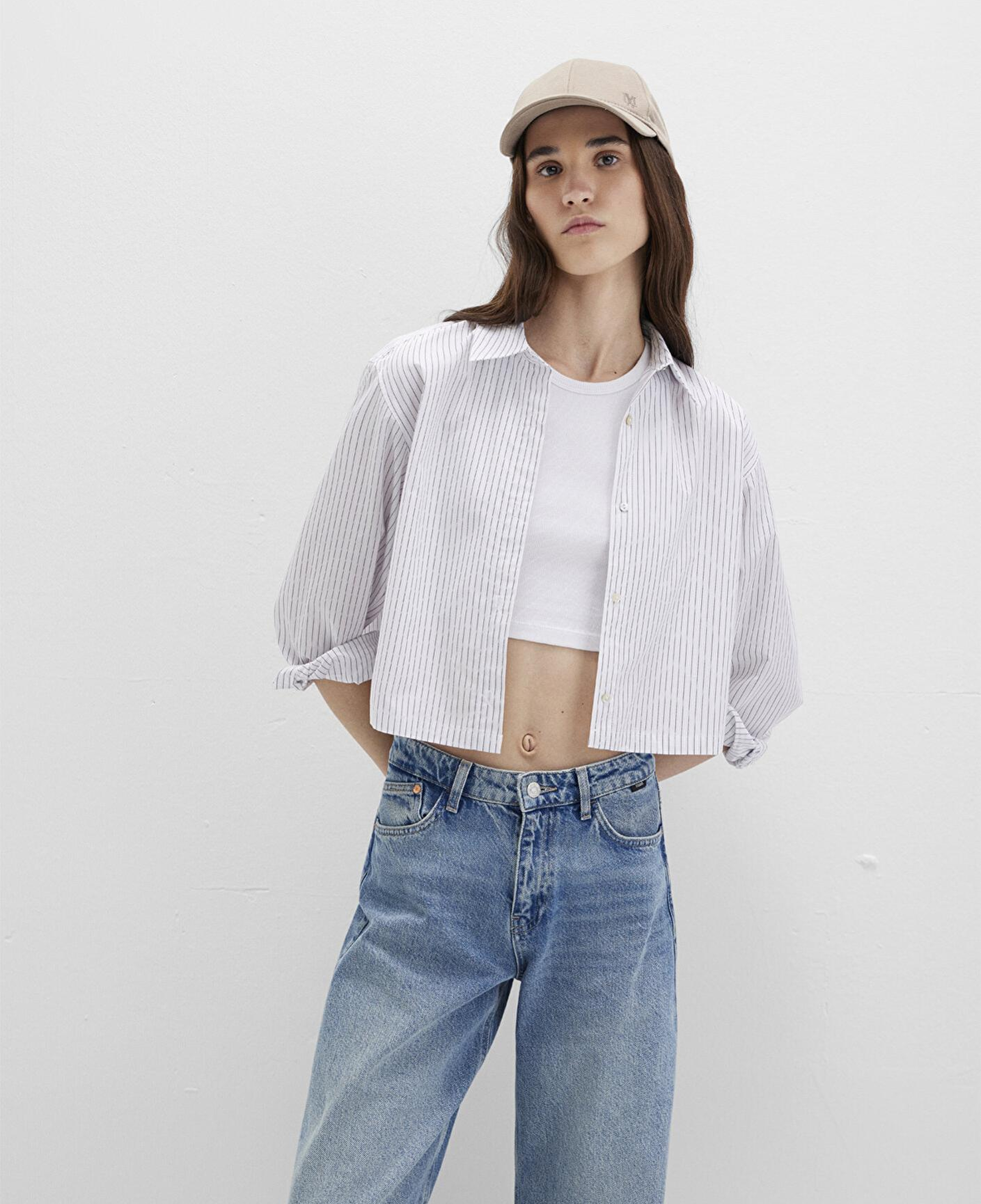 Mavi Çizgili Beyaz Crop Gömlek Crop / Kısa Kesim 1211297-88614