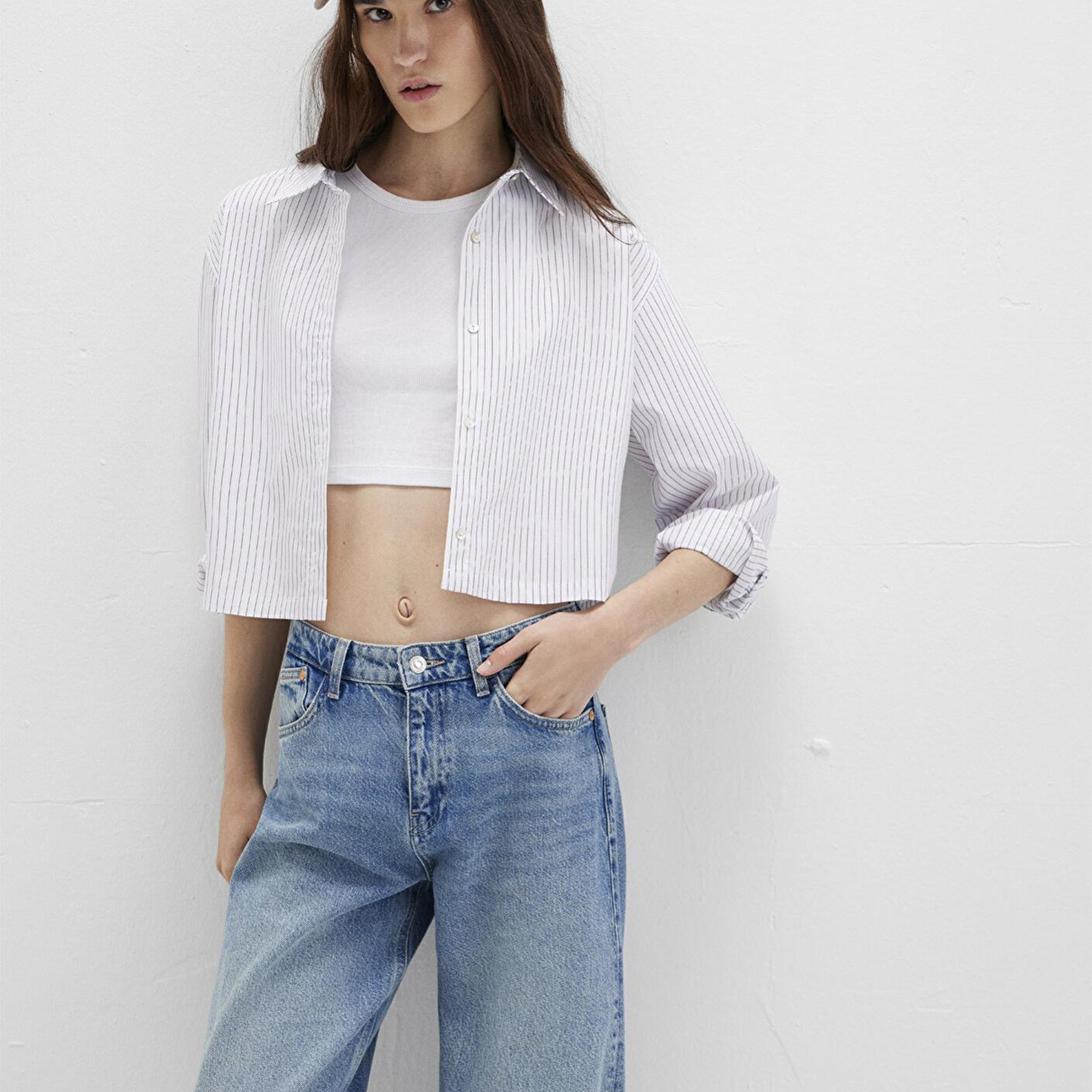 Mavi Çizgili Beyaz Crop Gömlek Crop / Kısa Kesim 1211297-88614