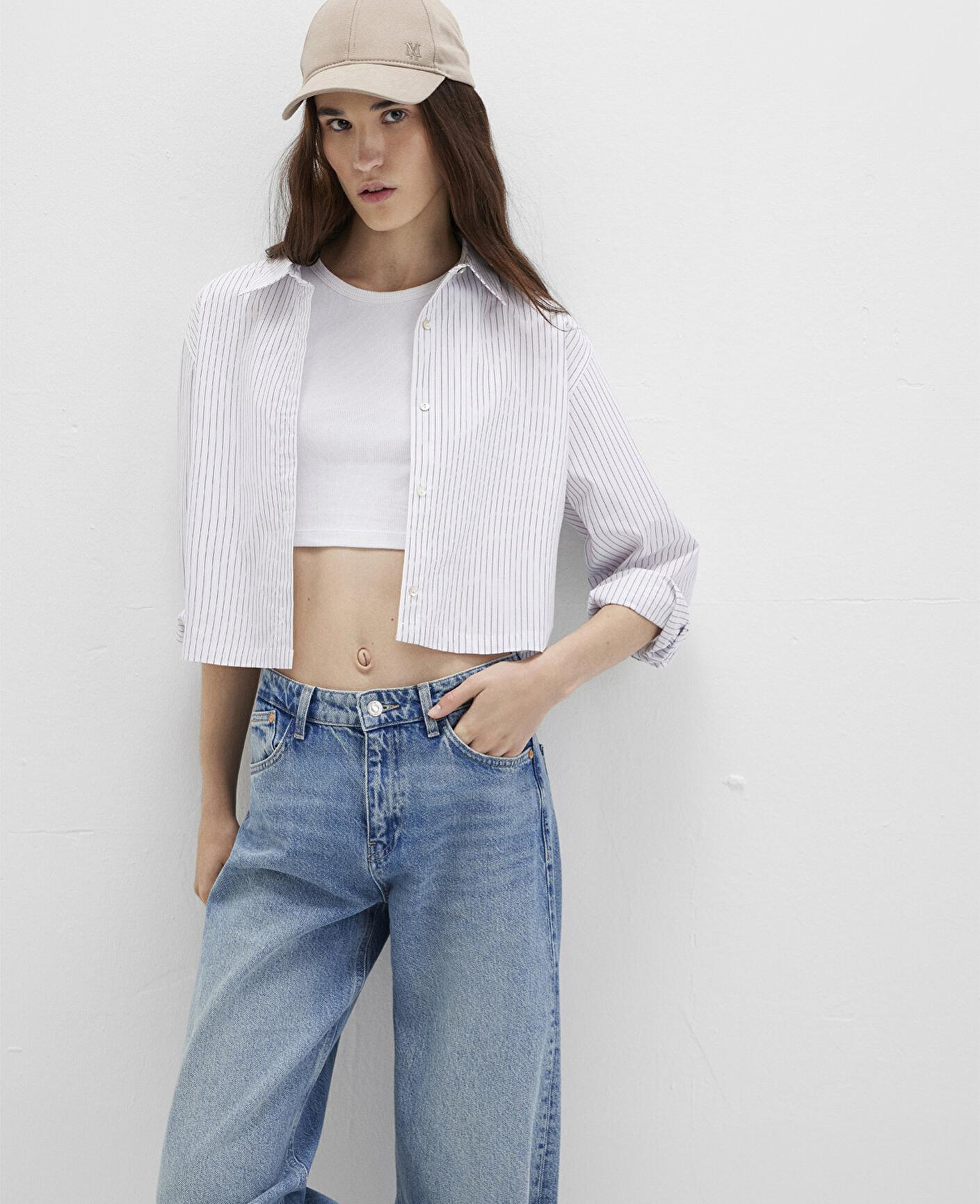 Mavi Çizgili Beyaz Crop Gömlek Crop / Kısa Kesim 1211297-88614