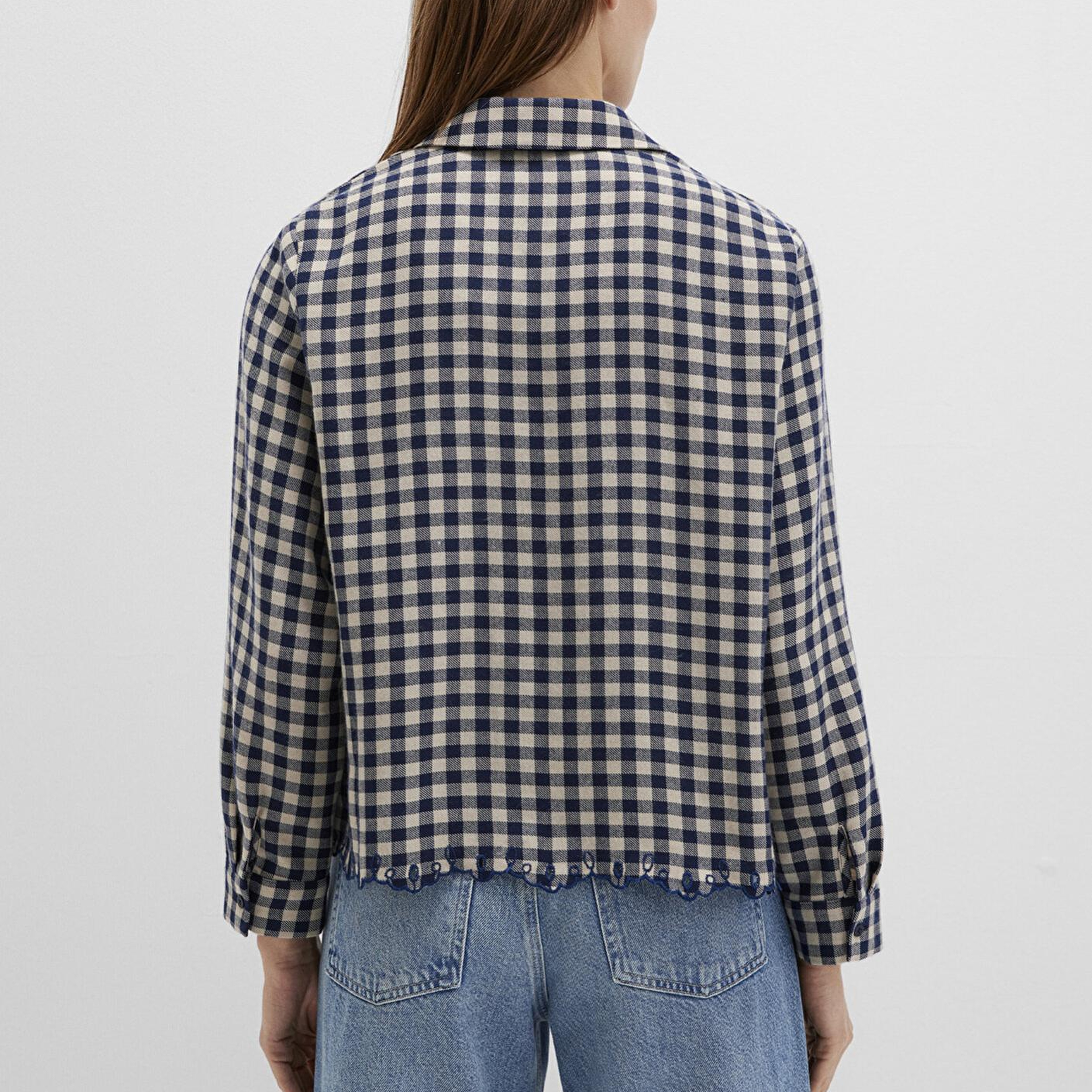 Mavi Nakış Detaylı Ekose Lacivert Gömlek Loose Fit / Bol Rahat Kesim 1211298-83154