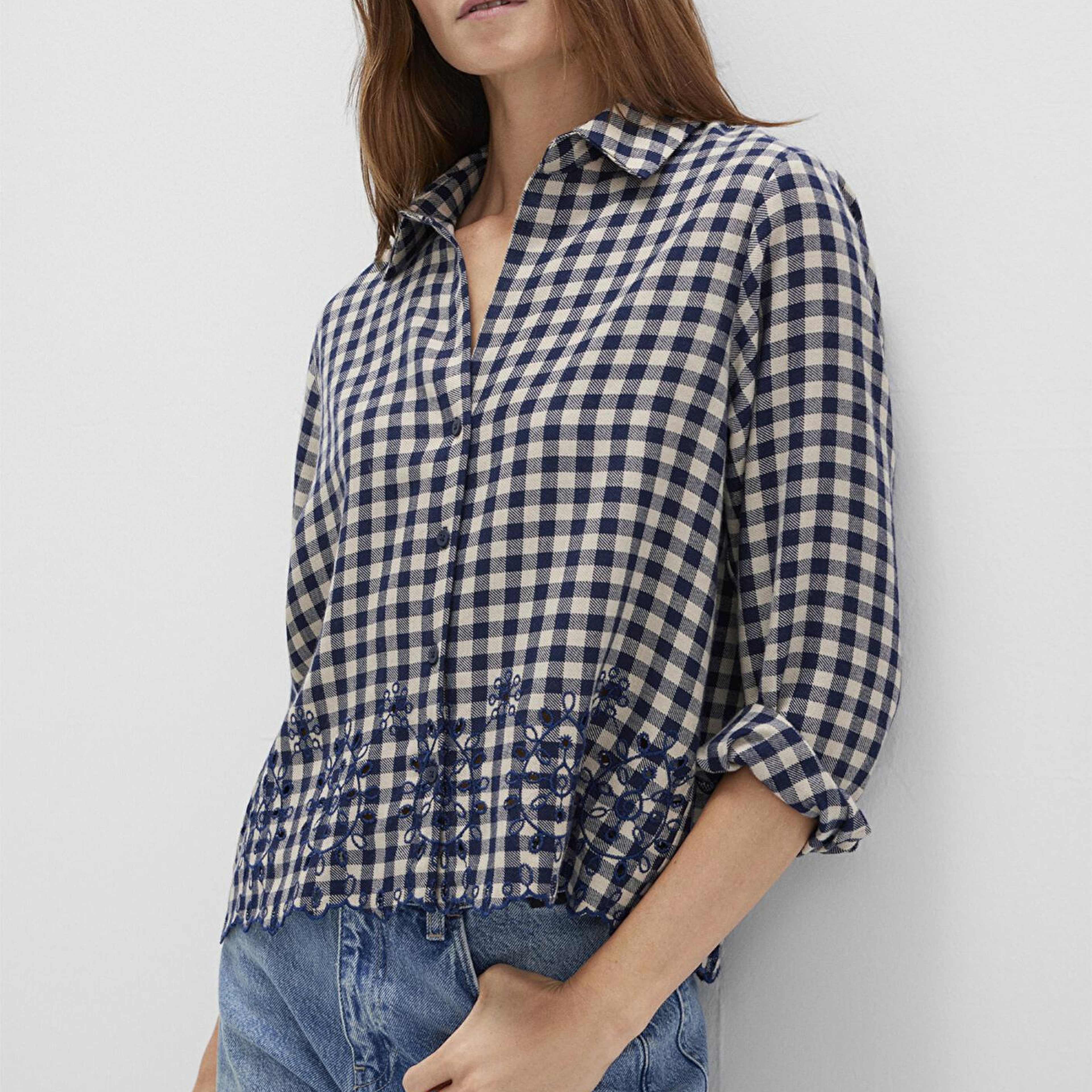 Mavi Nakış Detaylı Ekose Lacivert Gömlek Loose Fit / Bol Rahat Kesim 1211298-83154