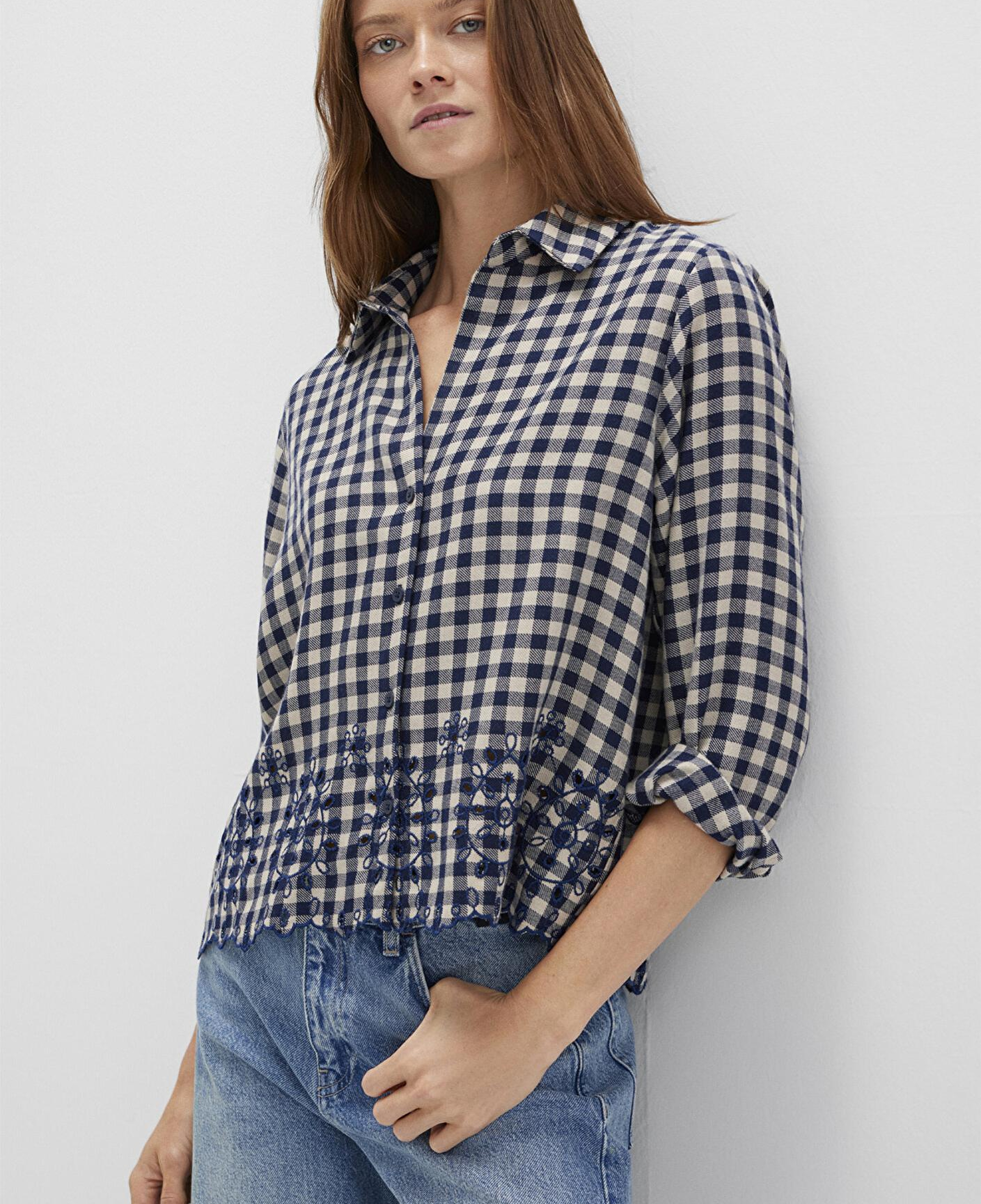 Mavi Nakış Detaylı Ekose Lacivert Gömlek Loose Fit / Bol Rahat Kesim 1211298-83154