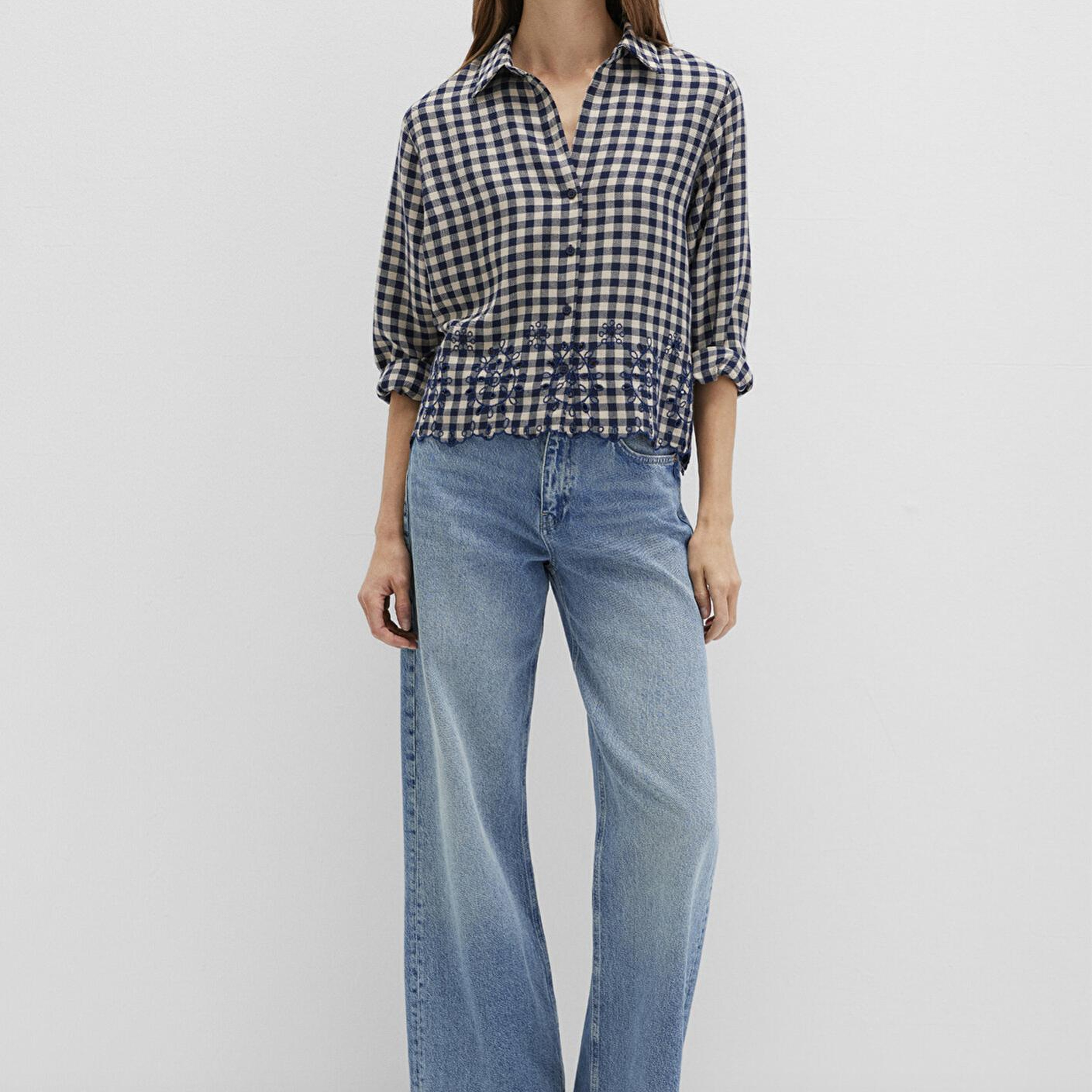 Mavi Nakış Detaylı Ekose Lacivert Gömlek Loose Fit / Bol Rahat Kesim 1211298-83154