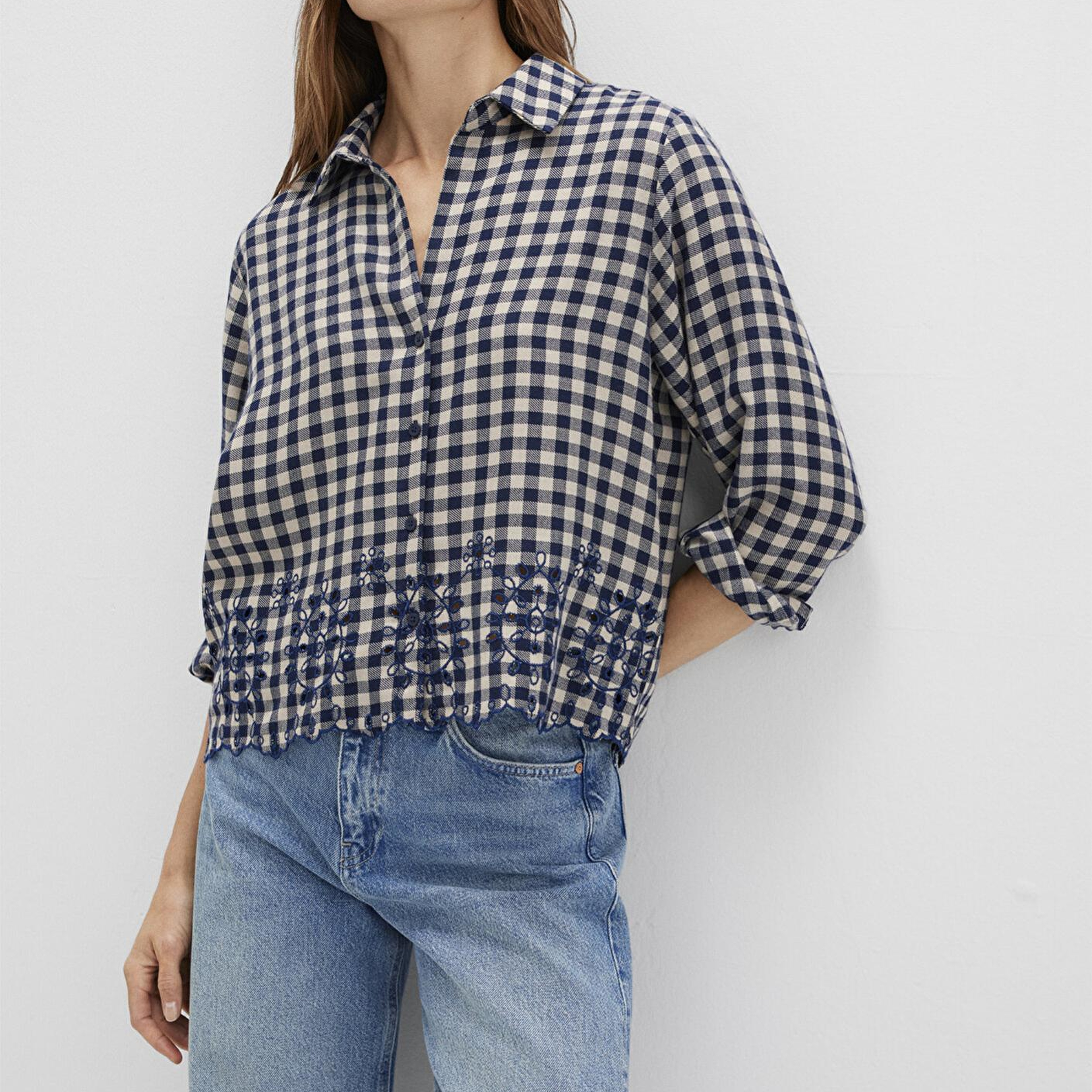 Mavi Nakış Detaylı Ekose Lacivert Gömlek Loose Fit / Bol Rahat Kesim 1211298-83154