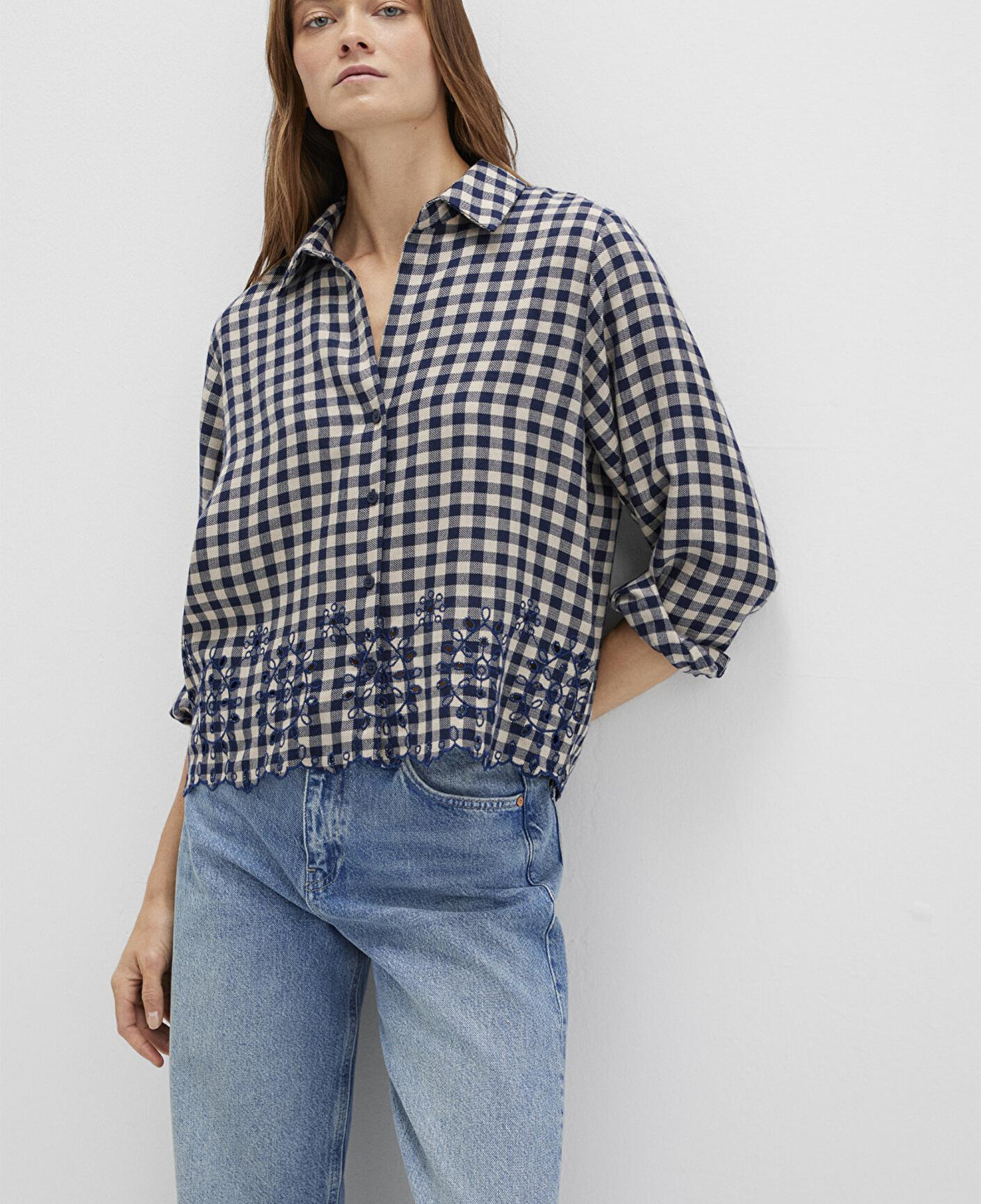 Mavi Nakış Detaylı Ekose Lacivert Gömlek Loose Fit / Bol Rahat Kesim 1211298-83154