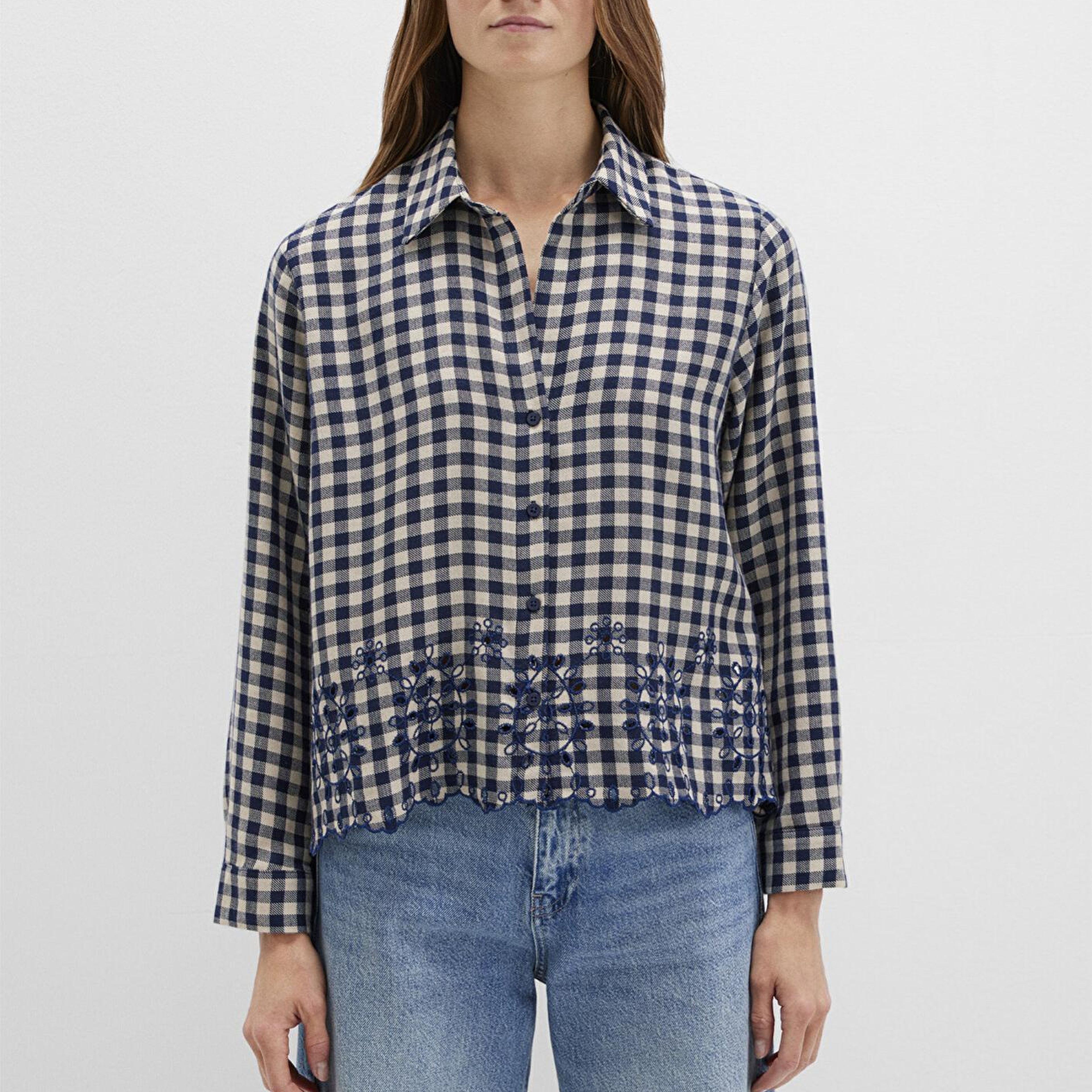 Mavi Nakış Detaylı Ekose Lacivert Gömlek Loose Fit / Bol Rahat Kesim 1211298-83154