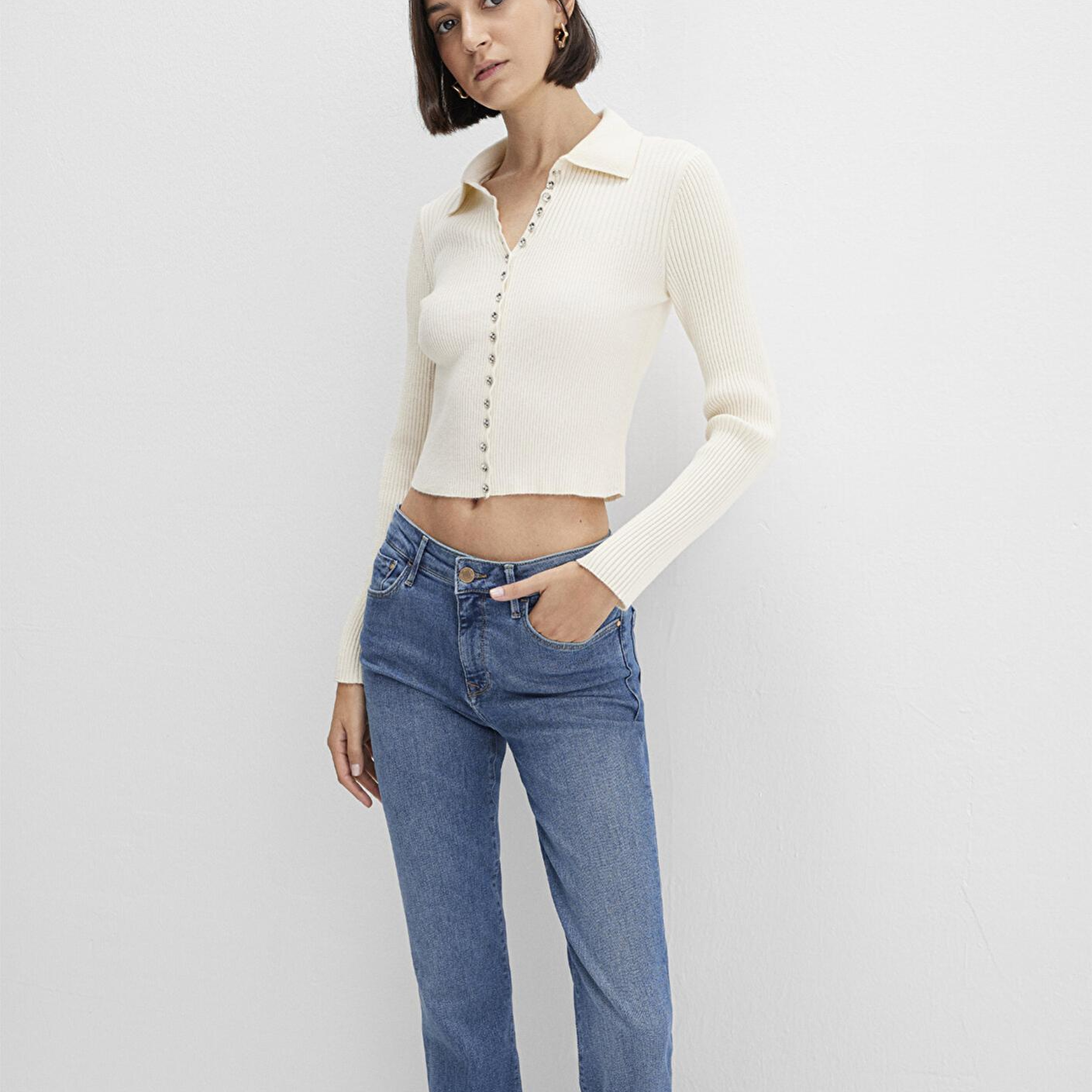 Mavi Düğmeli Ekru Triko Polo 1710787-80194