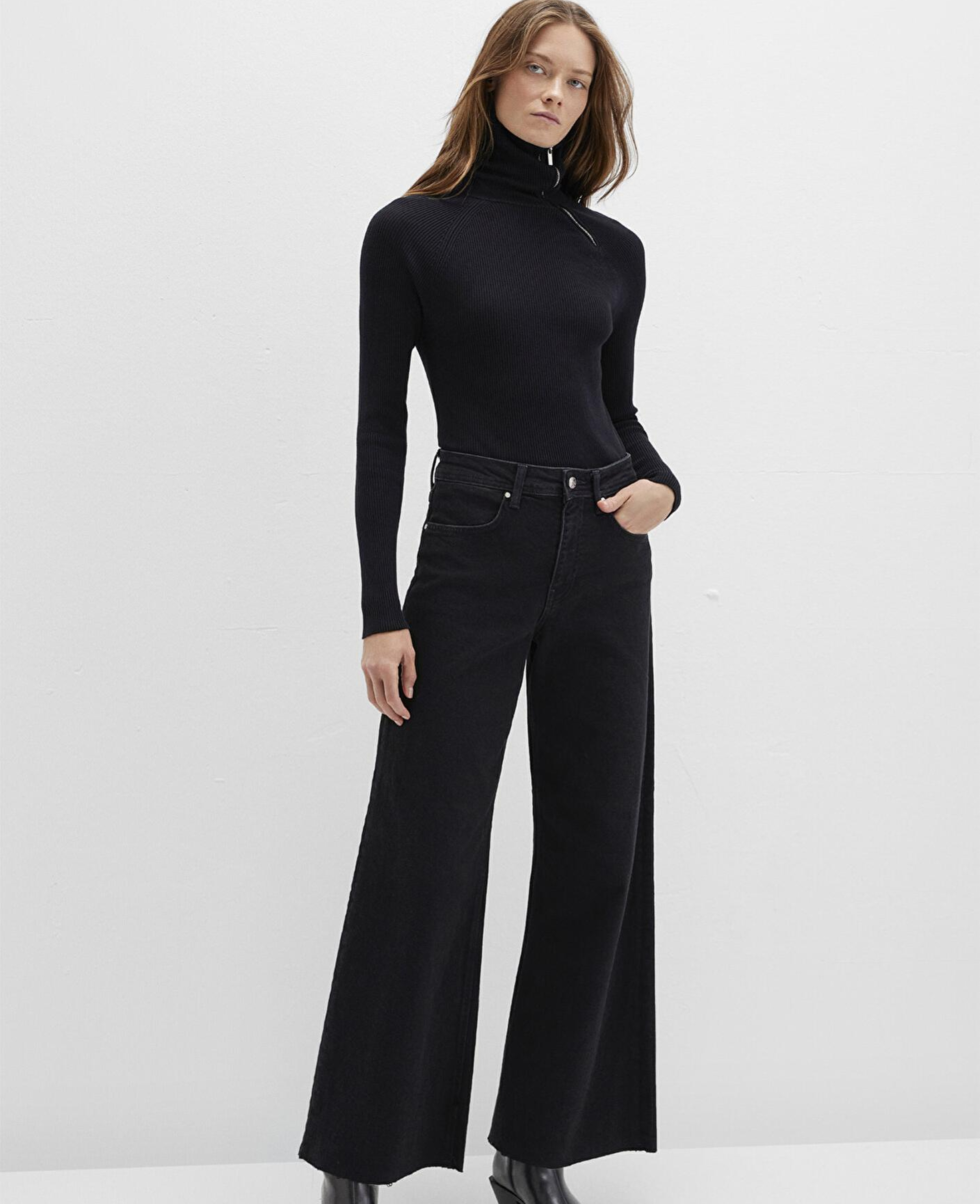 Mavi Fermuar Detaylı Dik Yaka Siyah Kazak Fitted / Vücuda Oturan Kesim 1710790-900