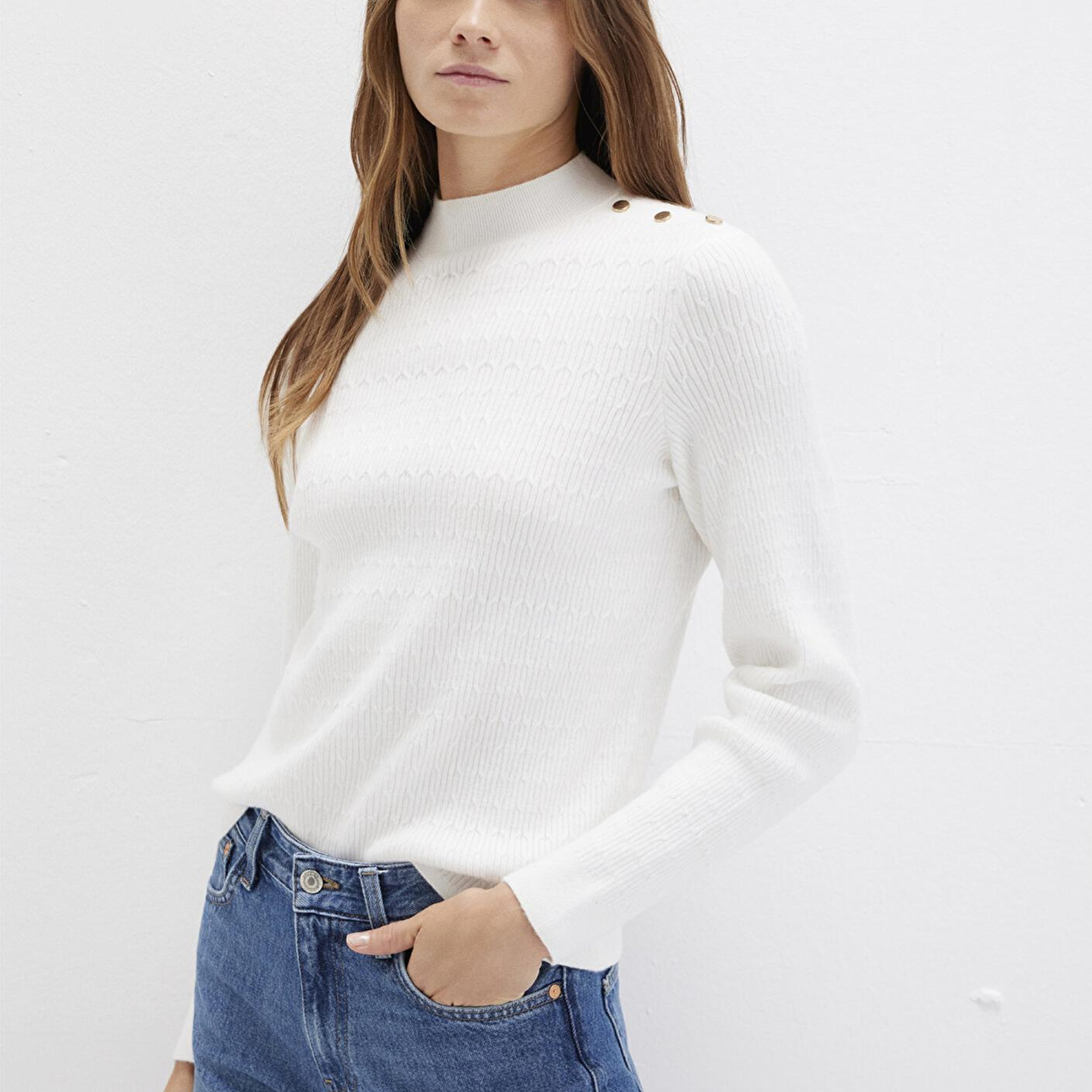 Mavi Omuz Detaylı Ekru Kazak Slim Fit / Dar Kesim 1710798-70057