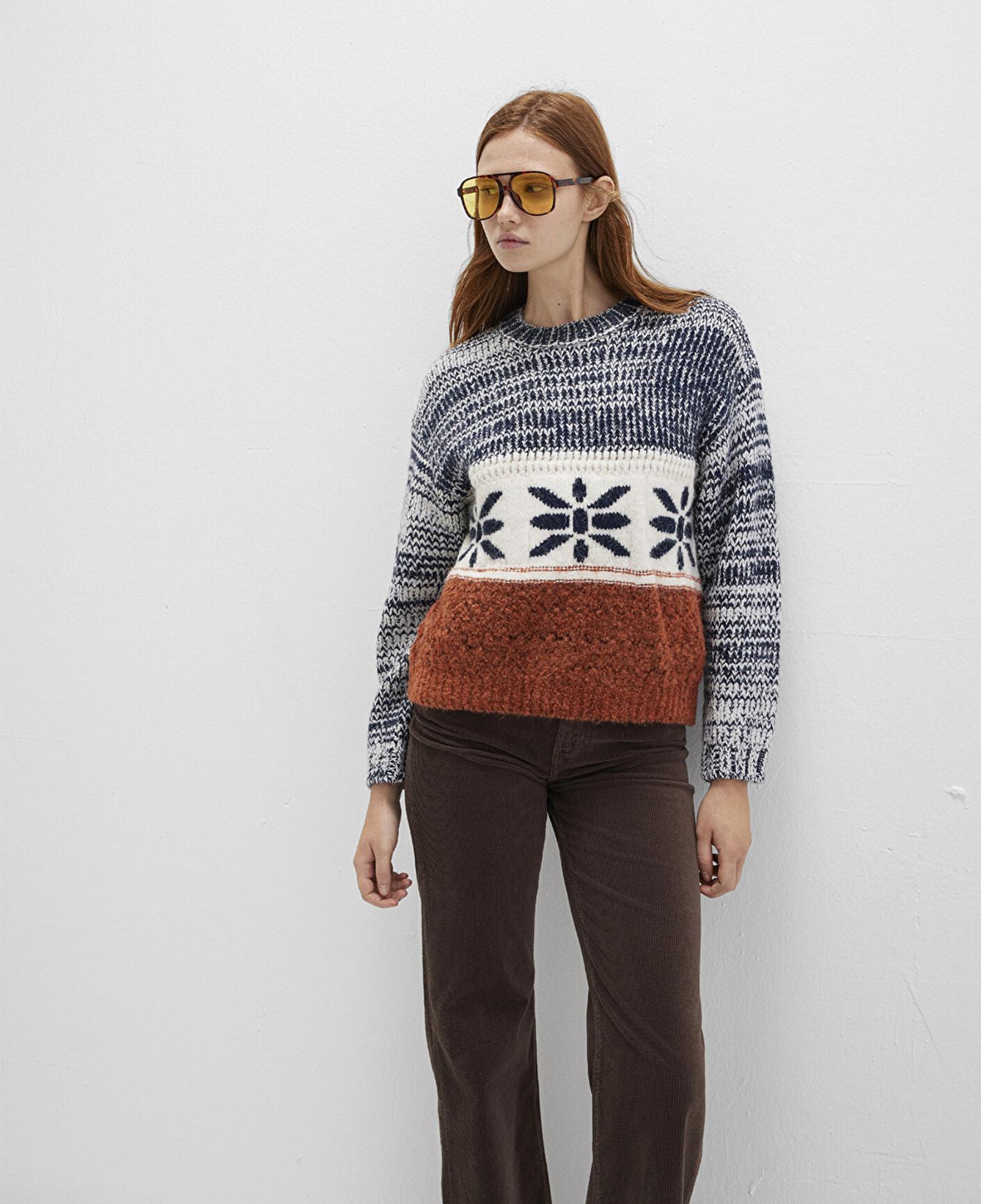 Mavi Kar Tanesi Detaylı Blok Renkli Kazak Loose Fit / Bol Rahat Kesim 1710803-89101