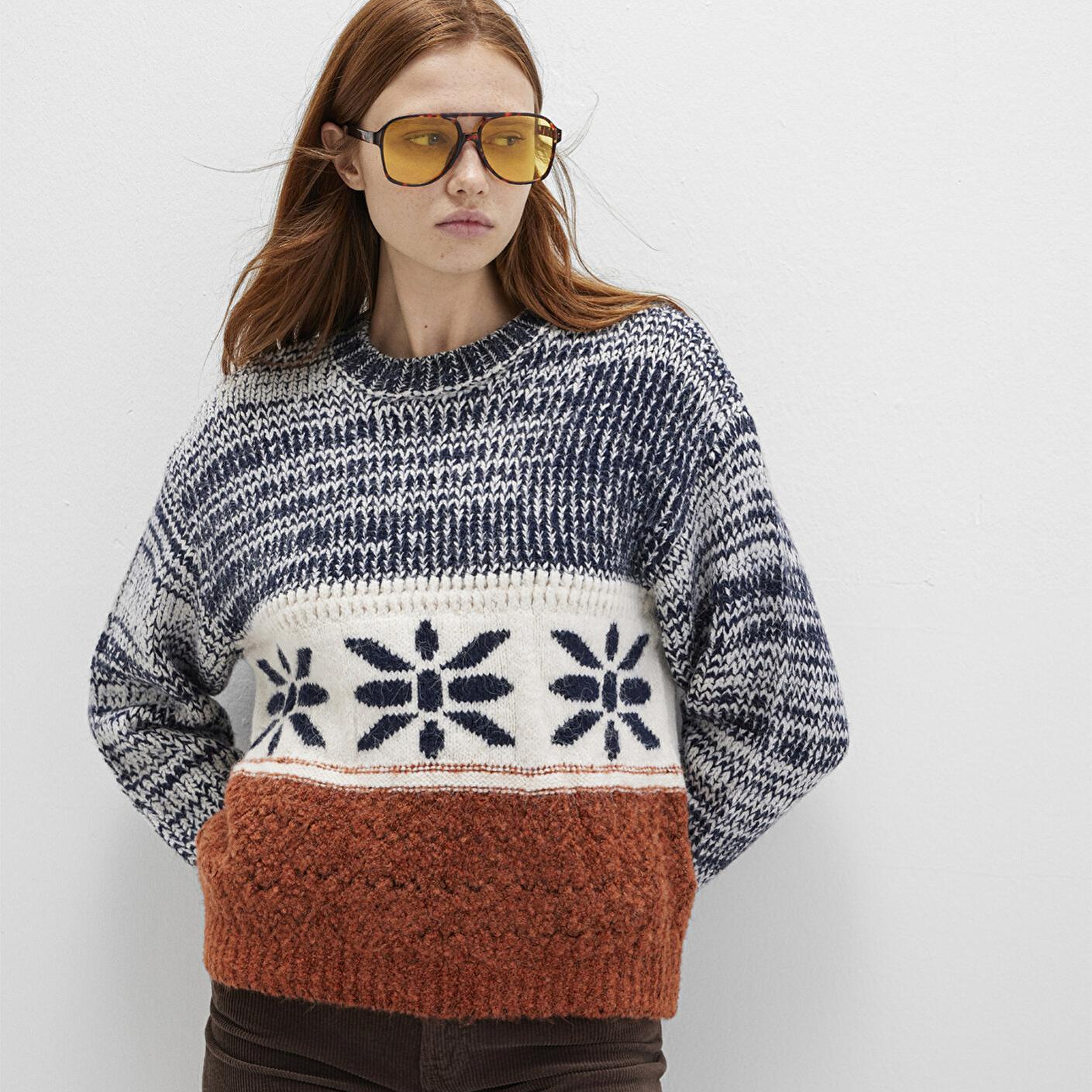 Mavi Kar Tanesi Detaylı Blok Renkli Kazak Loose Fit / Bol Rahat Kesim 1710803-89101