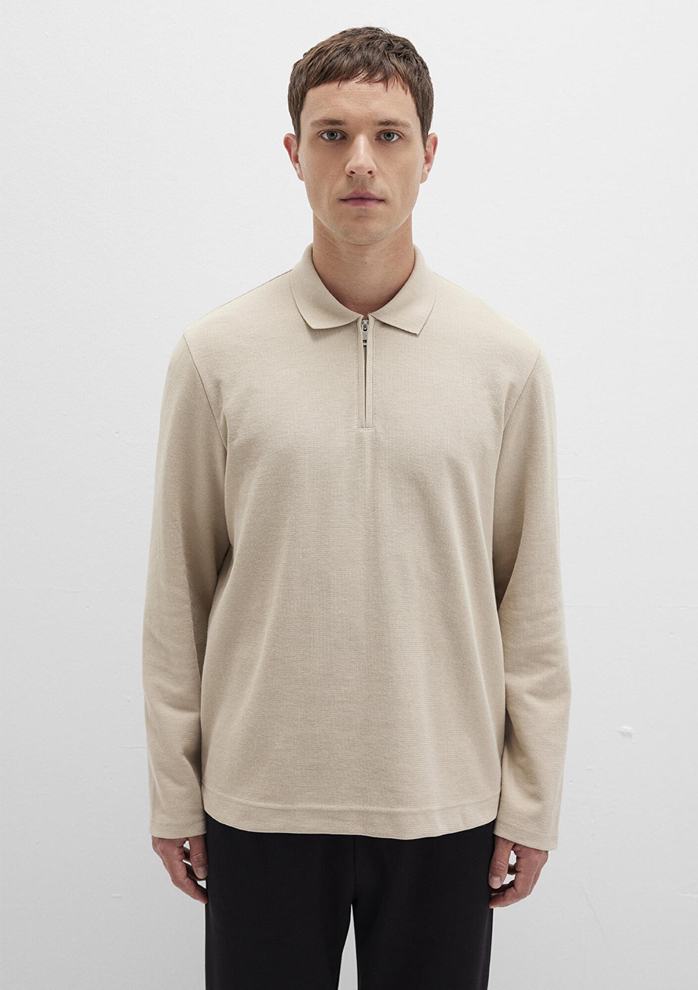 Mavi Yarı Fermuarlı Uzun Kollu Bej Tişört Regular Fit / Normal Kesim 0613045-70039