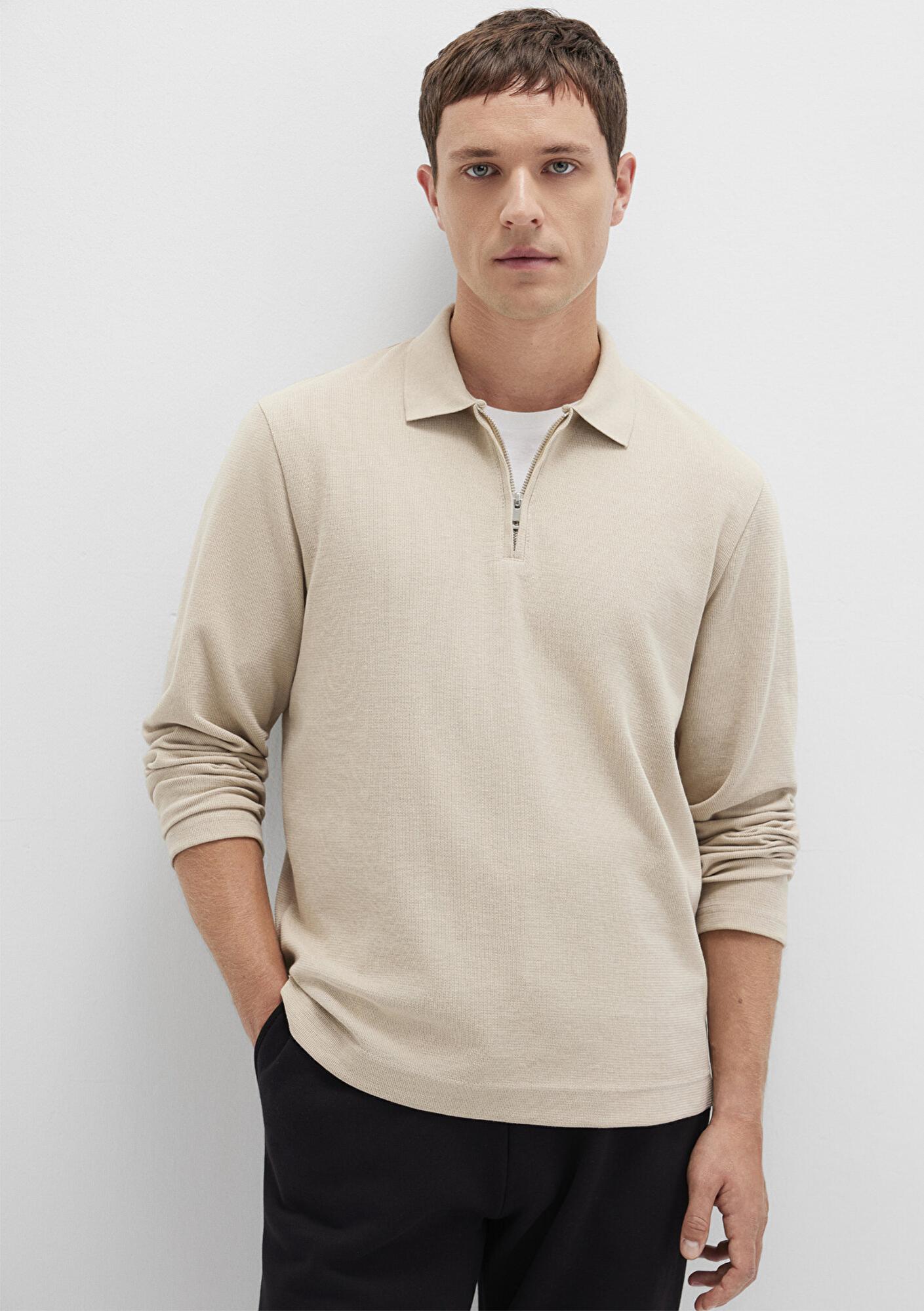 Mavi Yarı Fermuarlı Uzun Kollu Bej Tişört Regular Fit / Normal Kesim 0613045-70039