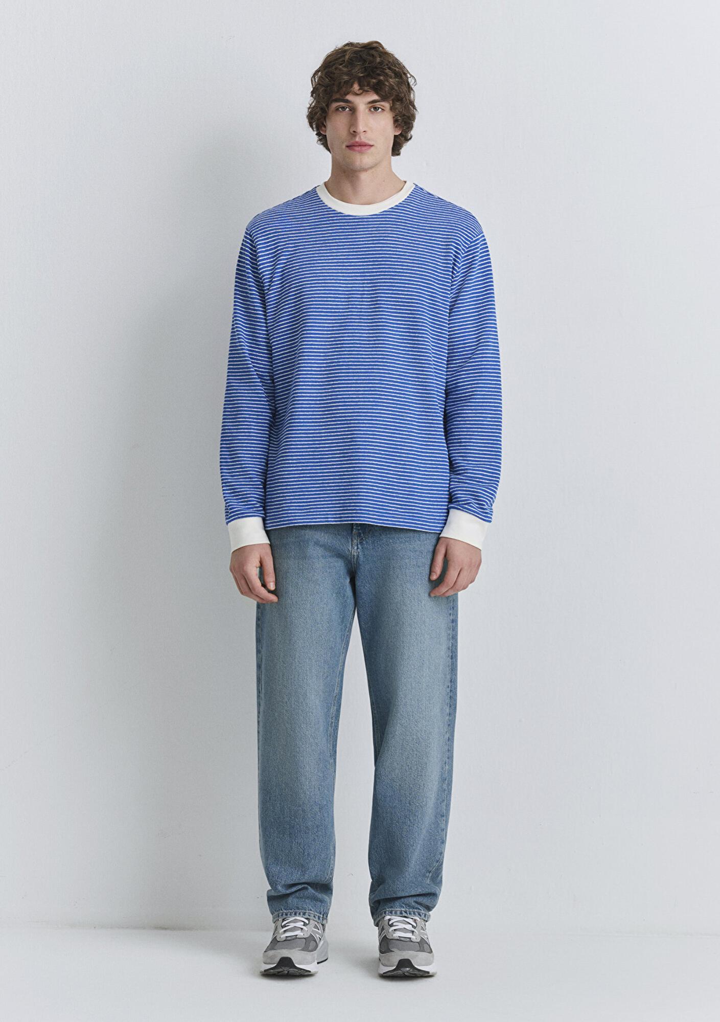 Mavi Çizgili Mavi Tişört Loose Fit / Bol Rahat Kesim 0613038-81330