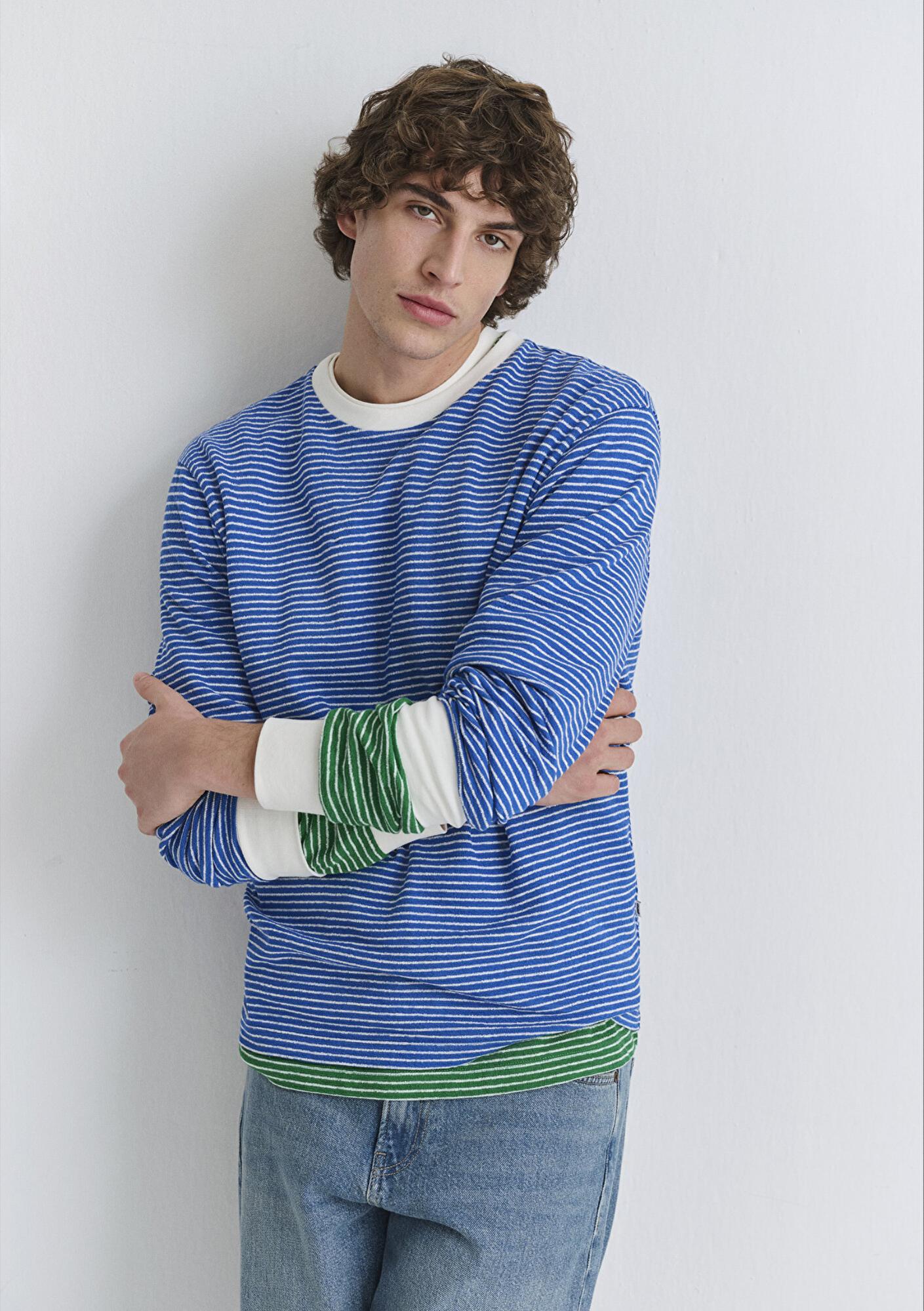 Mavi Çizgili Mavi Tişört Loose Fit / Bol Rahat Kesim 0613038-81330