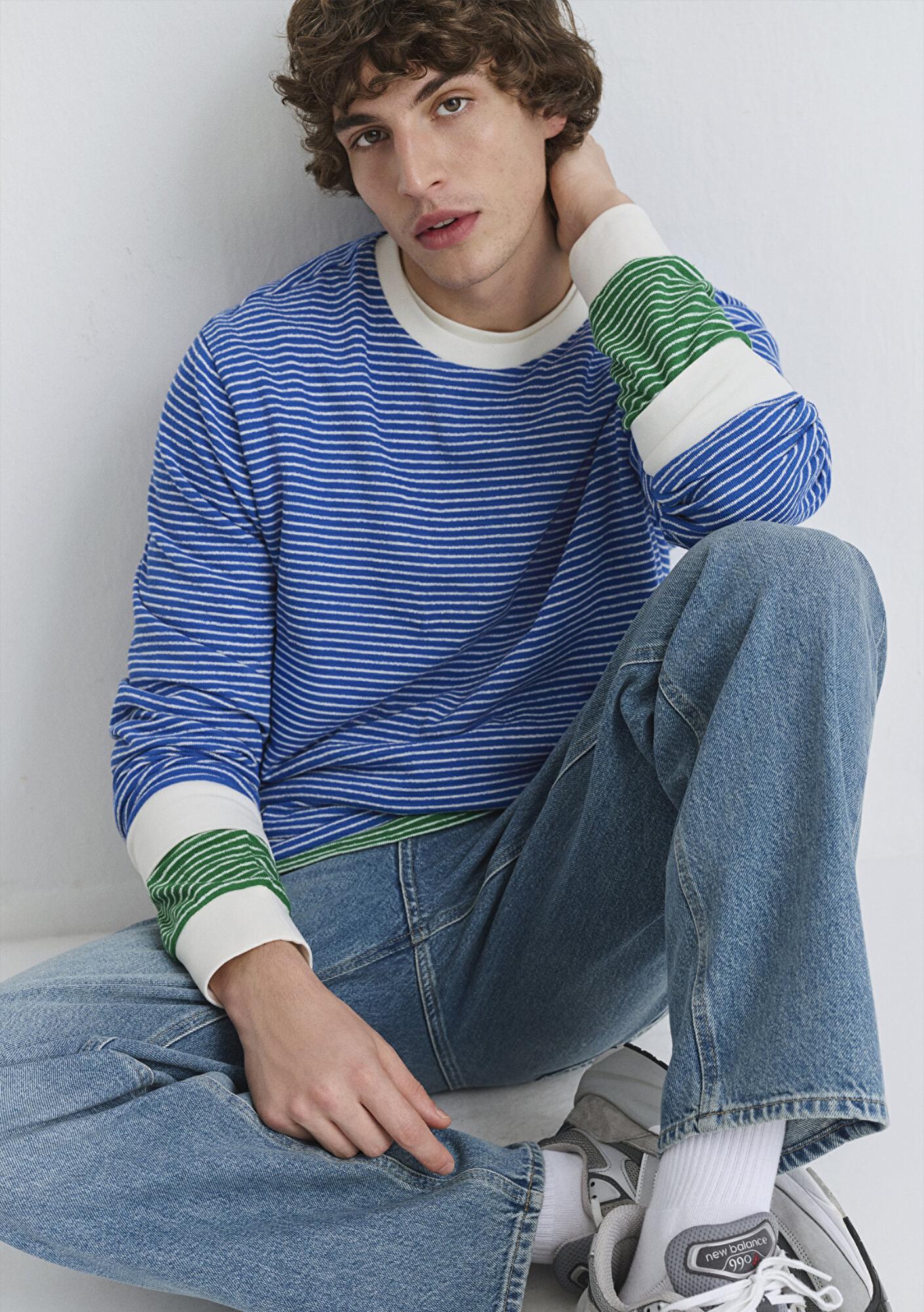 Mavi Çizgili Mavi Tişört Loose Fit / Bol Rahat Kesim 0613038-81330