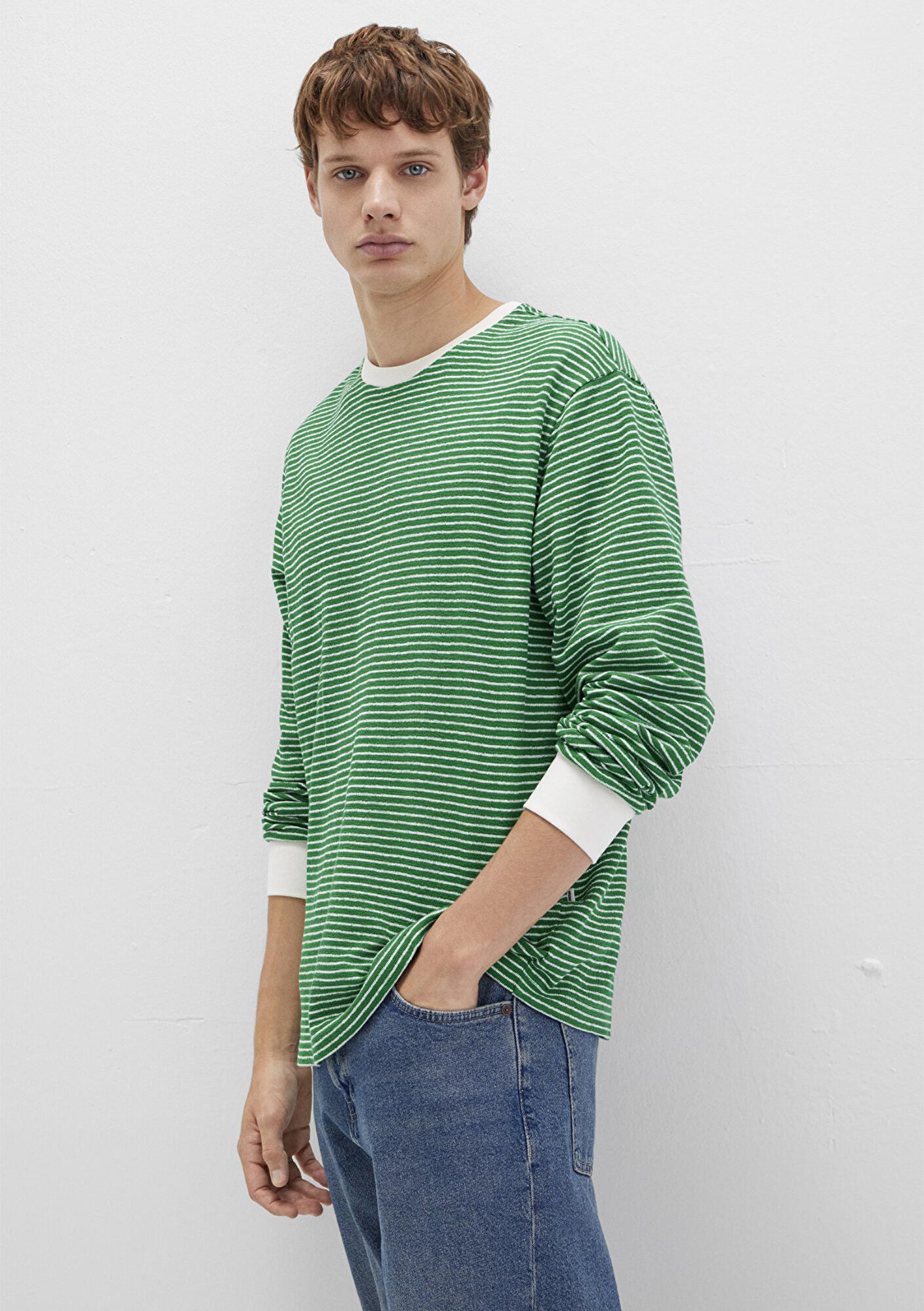 Mavi Çizgili Yeşil Tişört Loose Fit / Bol Rahat Kesim 0613038-85916