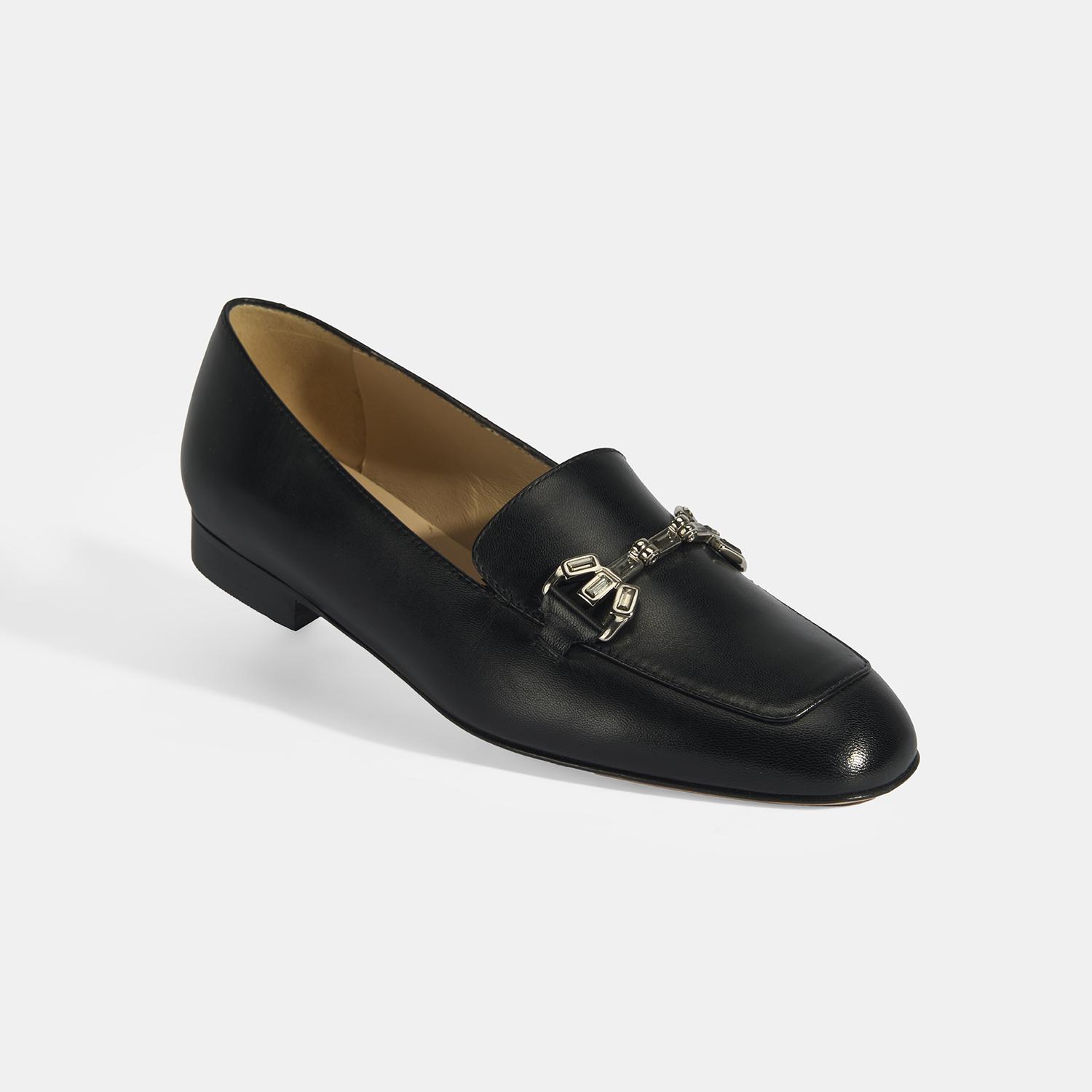 Luca Grossi Kadın Siyah Taşlı Toka Aksesuarlı Deri Loafer