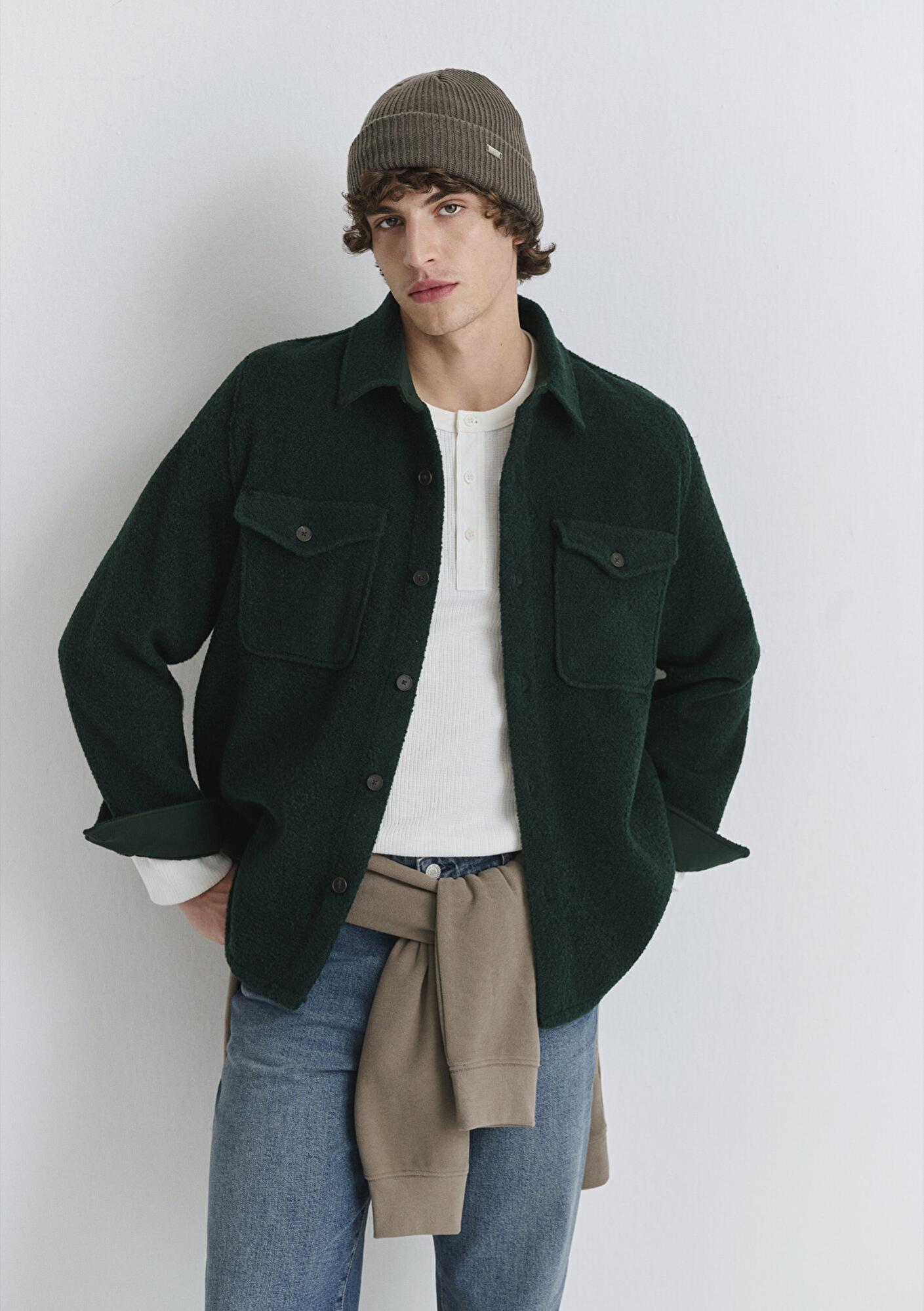 Mavi Yün Karışımlı Yeşil Gömlek Loose Fit / Bol Rahat Kesim 0211780-71929