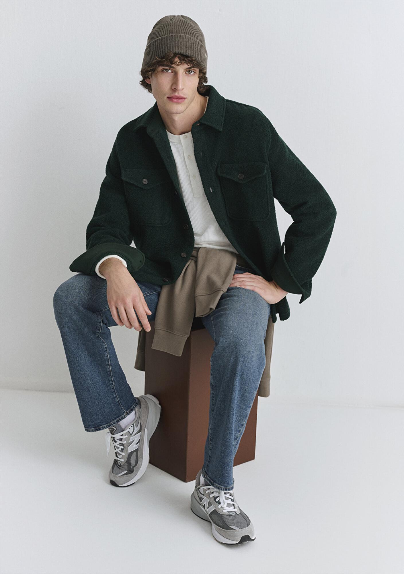 Mavi Yün Karışımlı Yeşil Gömlek Loose Fit / Bol Rahat Kesim 0211780-71929