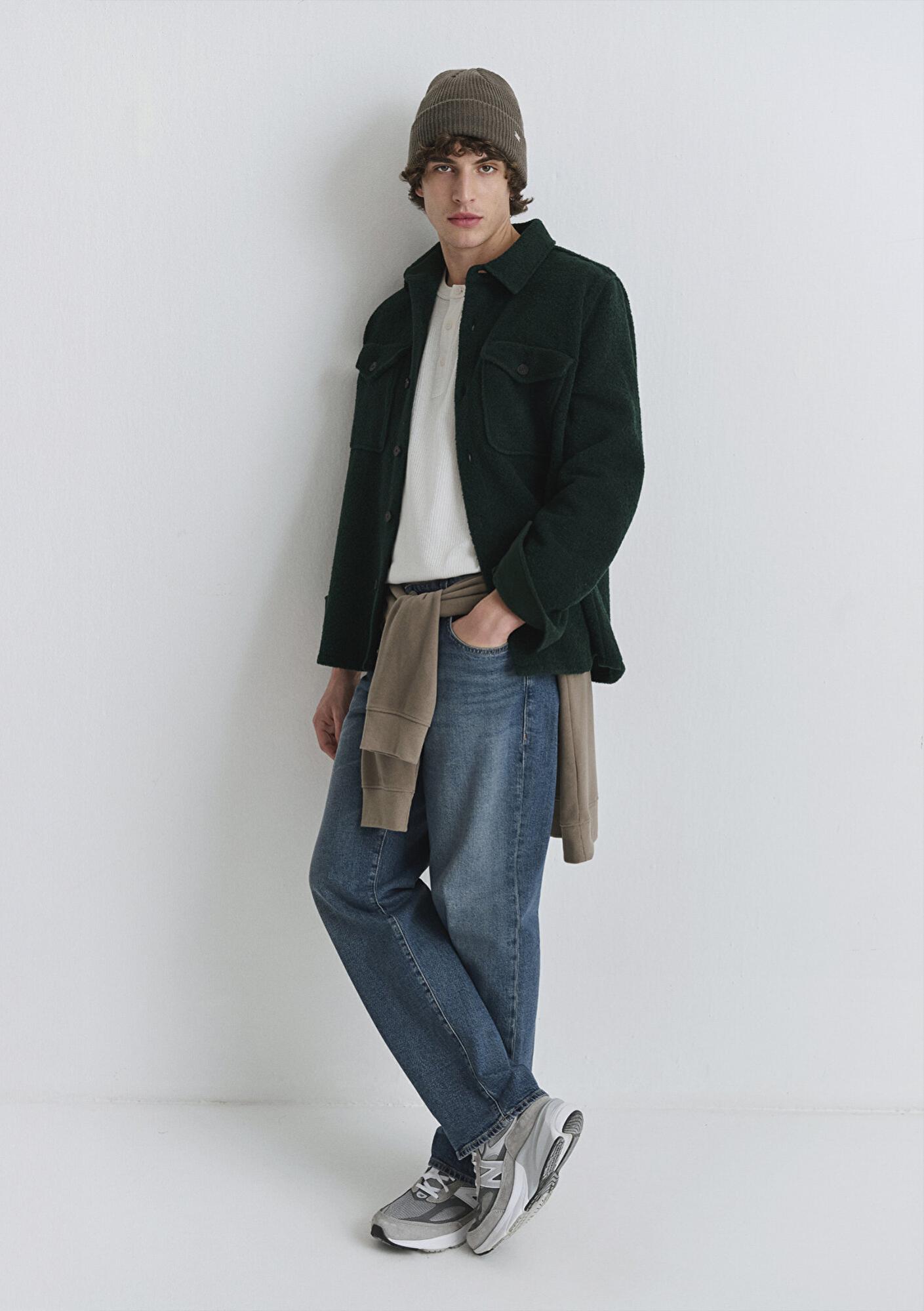 Mavi Yün Karışımlı Yeşil Gömlek Loose Fit / Bol Rahat Kesim 0211780-71929