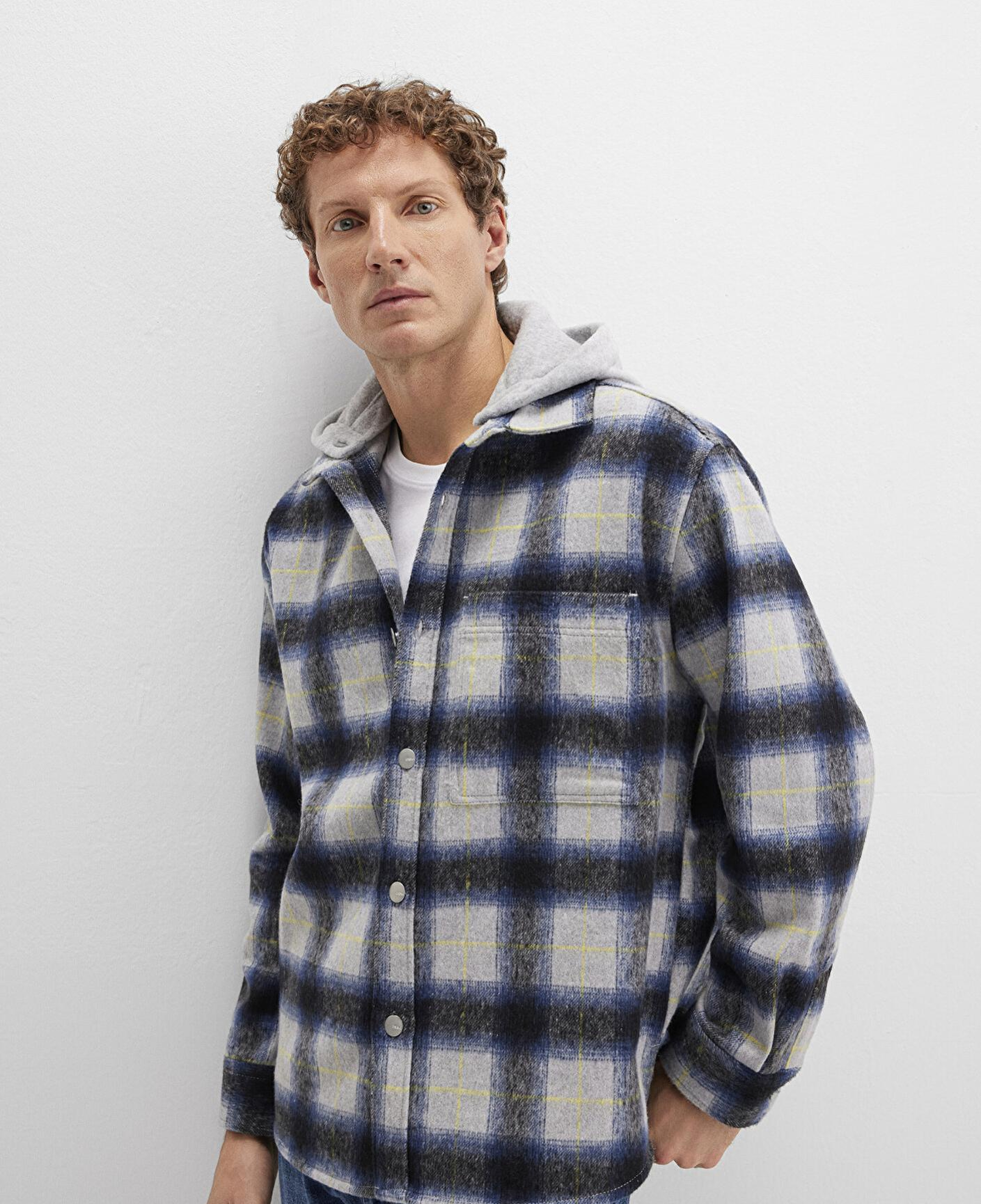 Mavi Yün Karışımlı Kareli Gömlek Loose Fit / Bol Rahat Kesim 0211786-91301