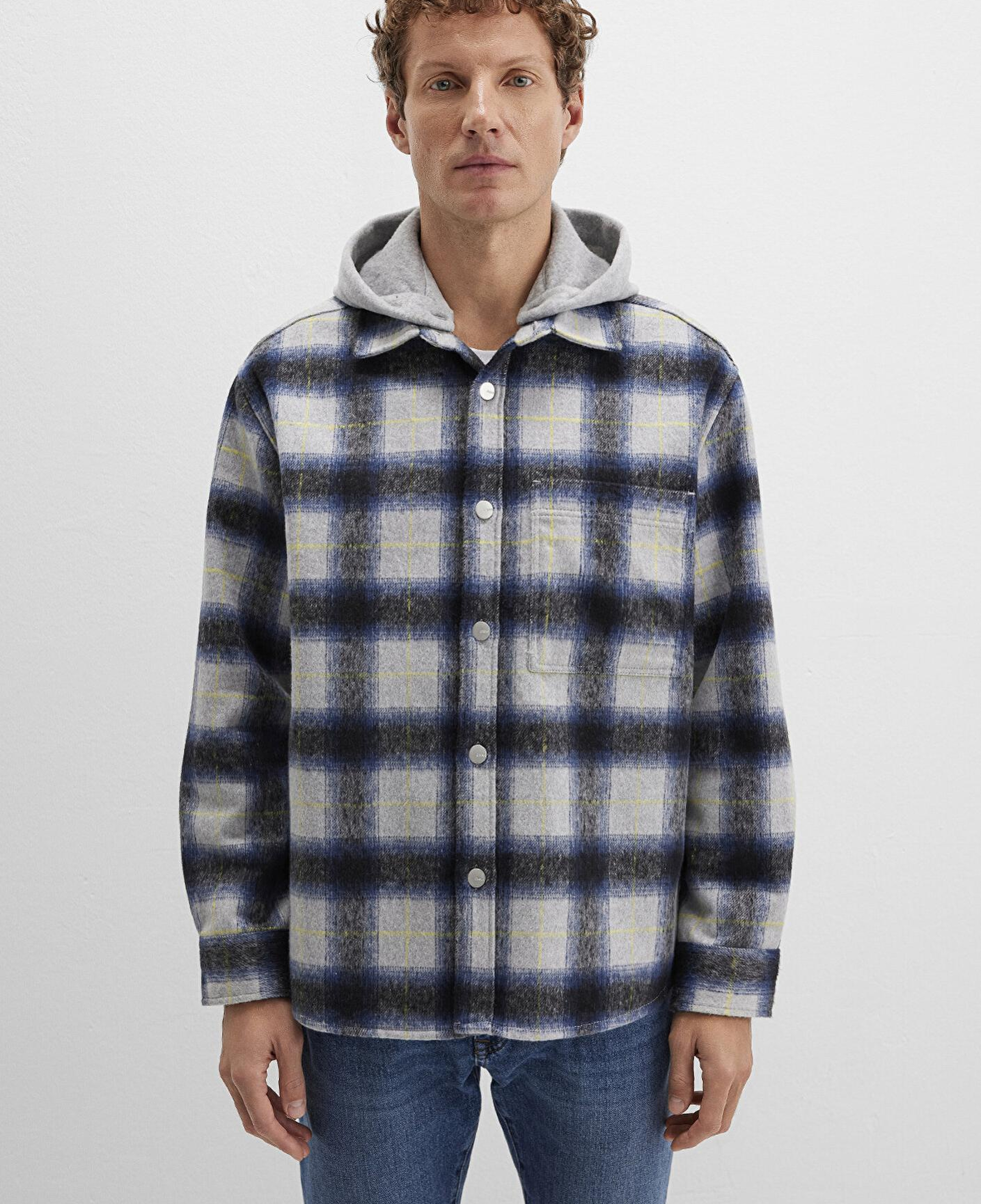 Mavi Yün Karışımlı Kareli Gömlek Loose Fit / Bol Rahat Kesim 0211786-91301