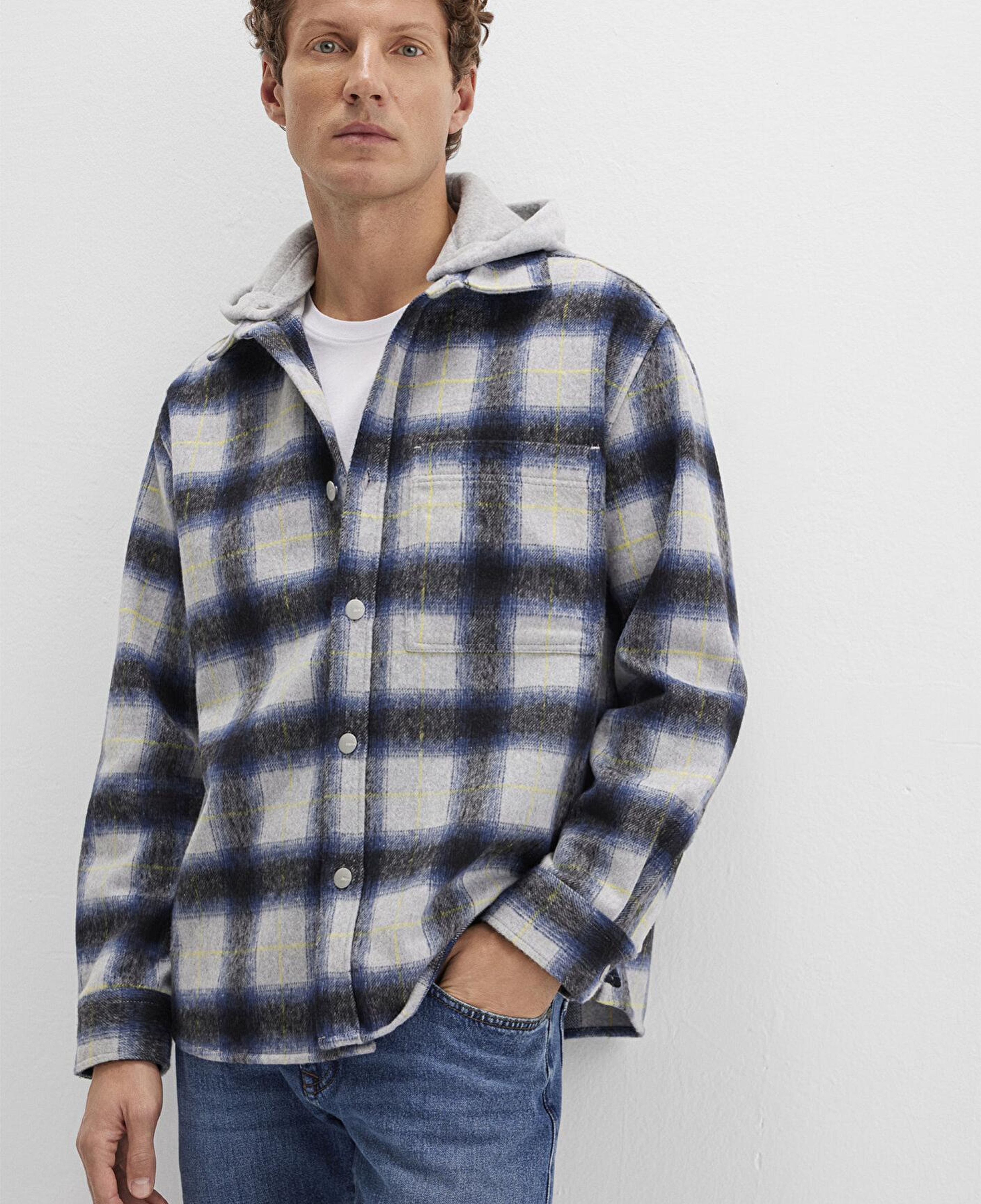 Mavi Yün Karışımlı Kareli Gömlek Loose Fit / Bol Rahat Kesim 0211786-91301