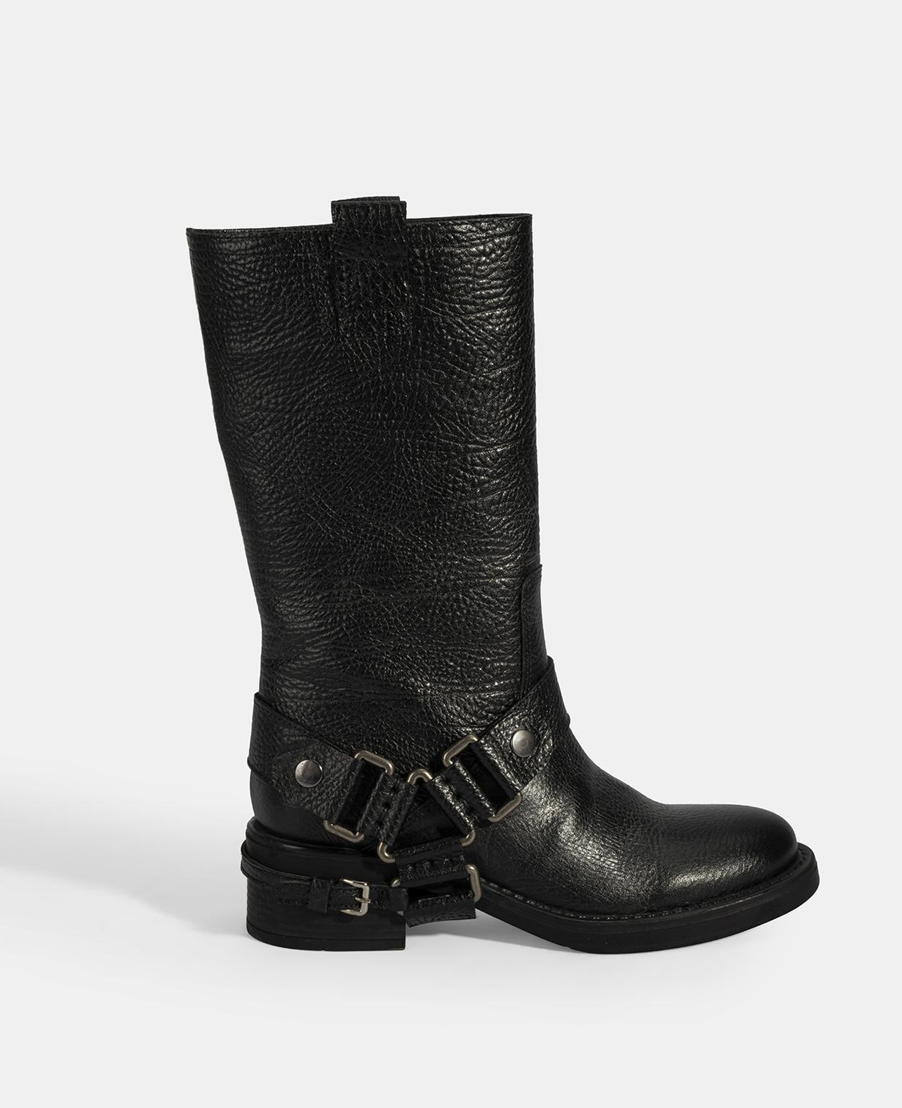 Kadın Siyah Metal Aksesuarlı Deri Biker Bot
