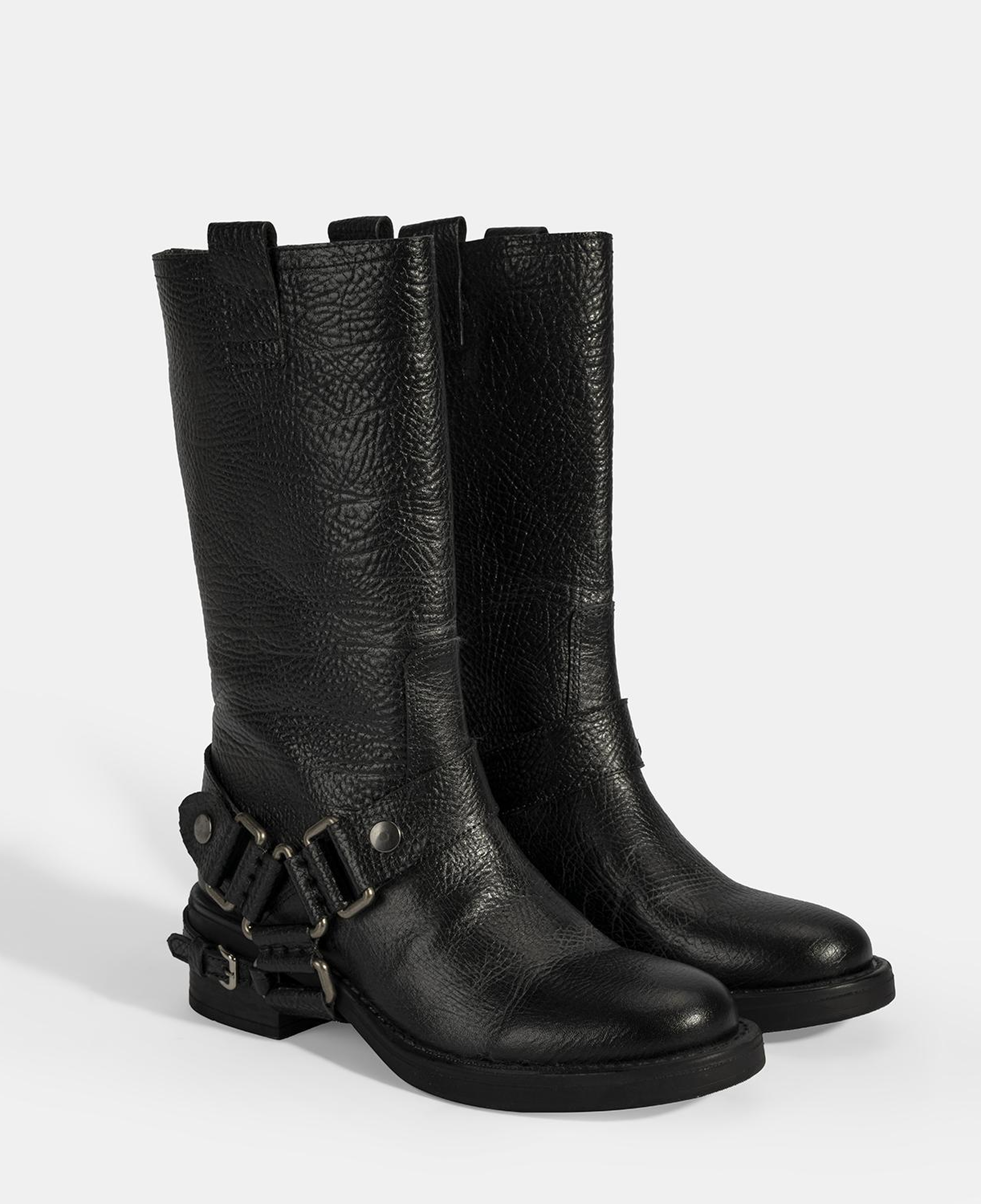 Kadın Siyah Metal Aksesuarlı Deri Biker Bot