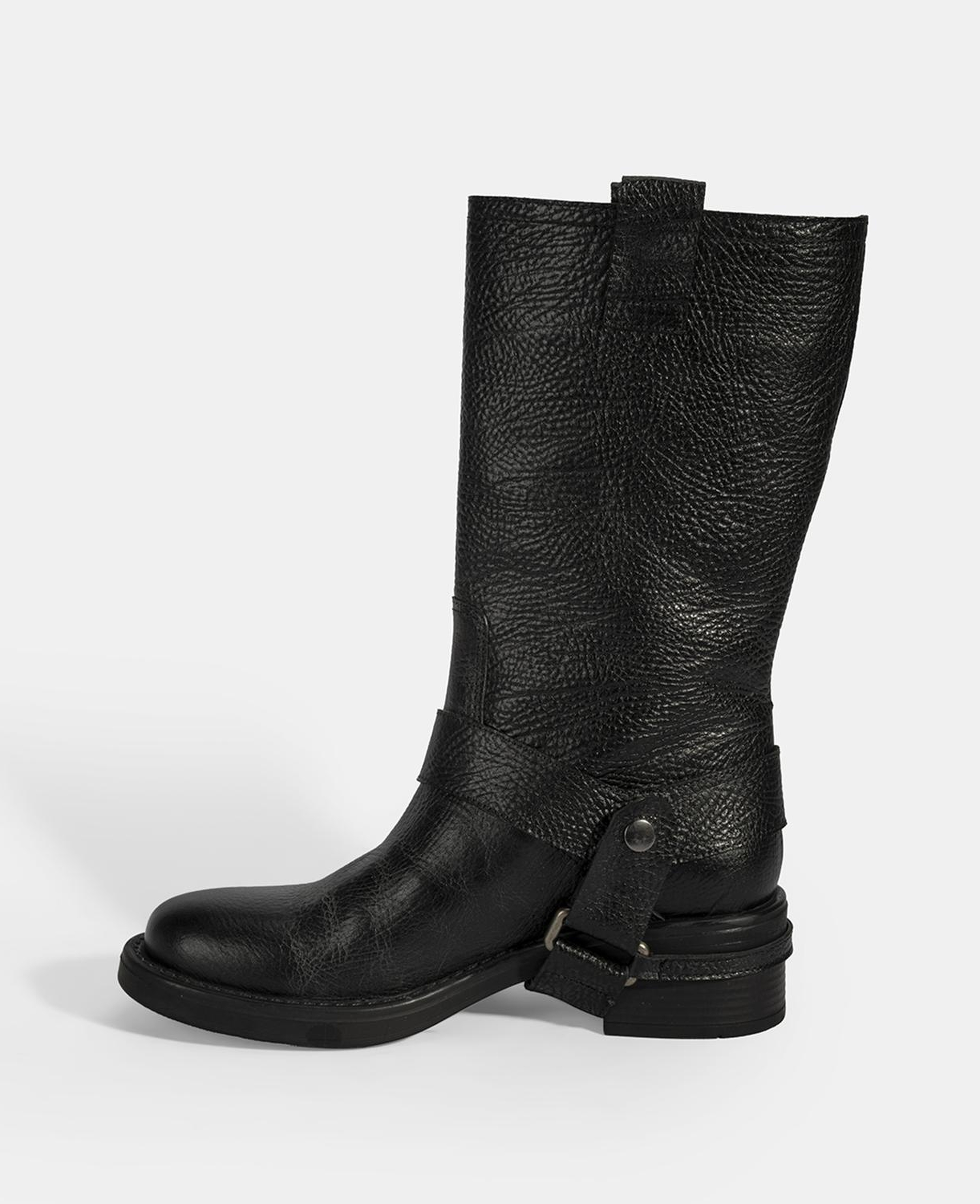 Kadın Siyah Metal Aksesuarlı Deri Biker Bot