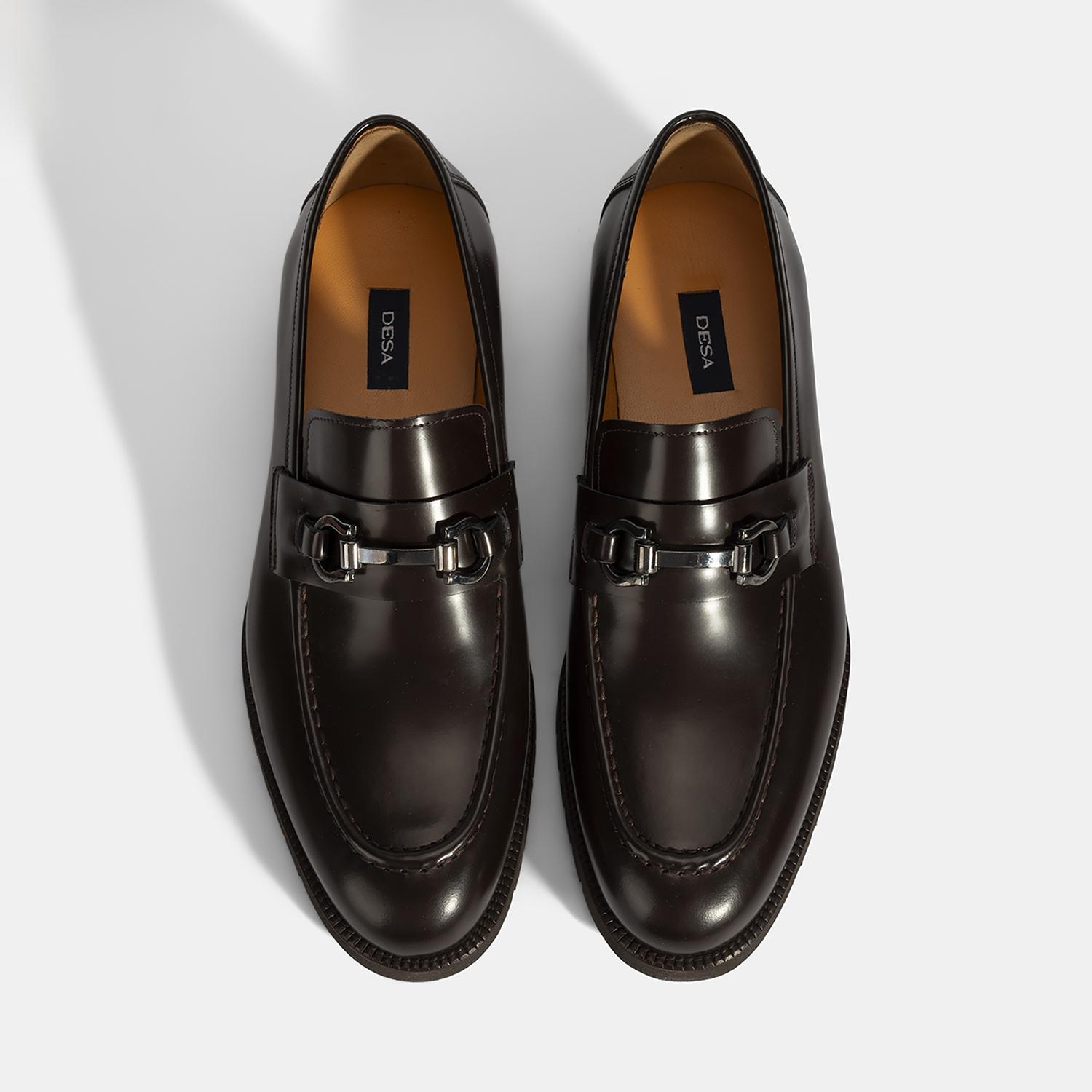 Erkek Kahve Metal Aksesuarlı Deri Loafer