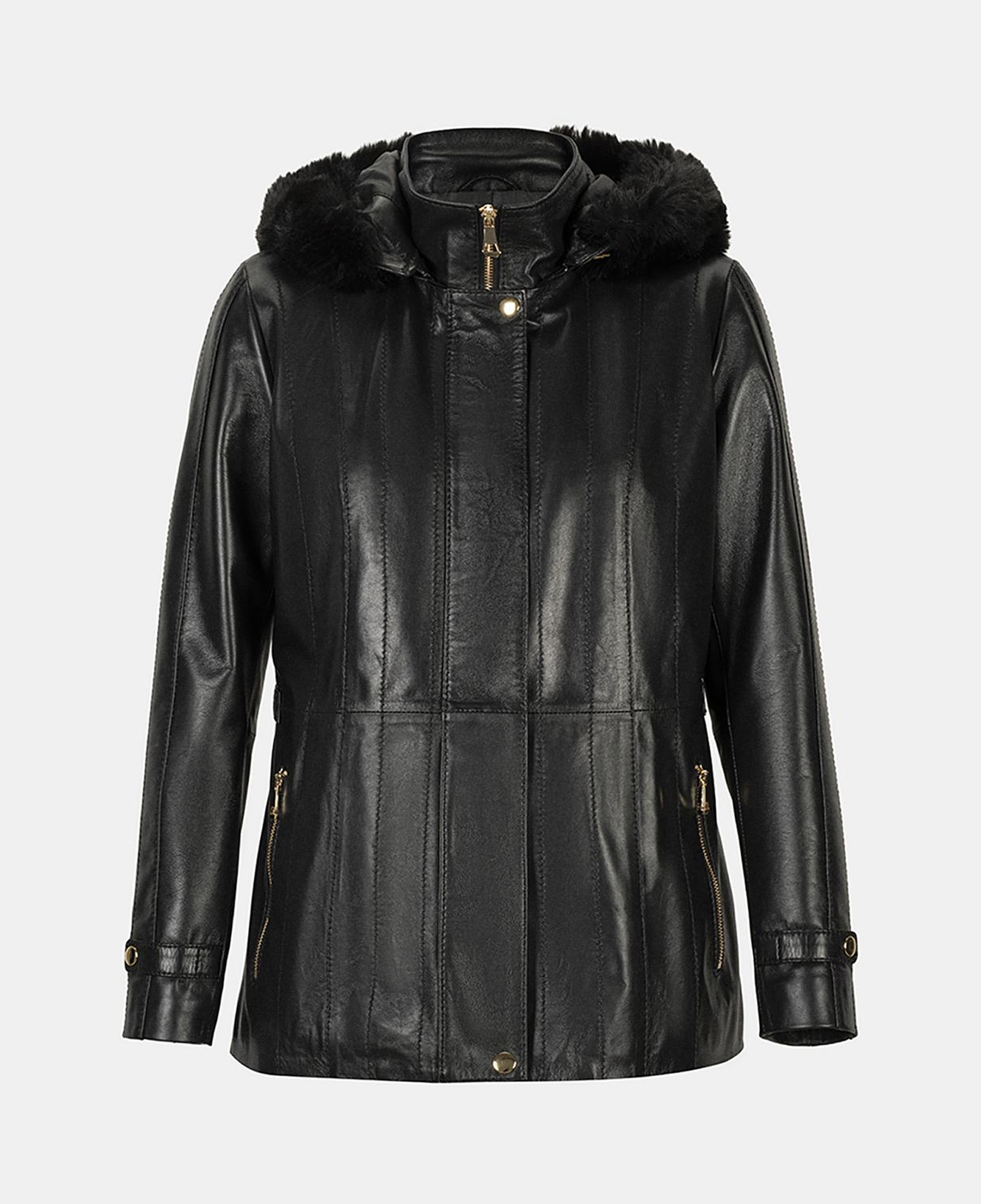 Kadın Siyah Kapüşonlu Deri Mont
