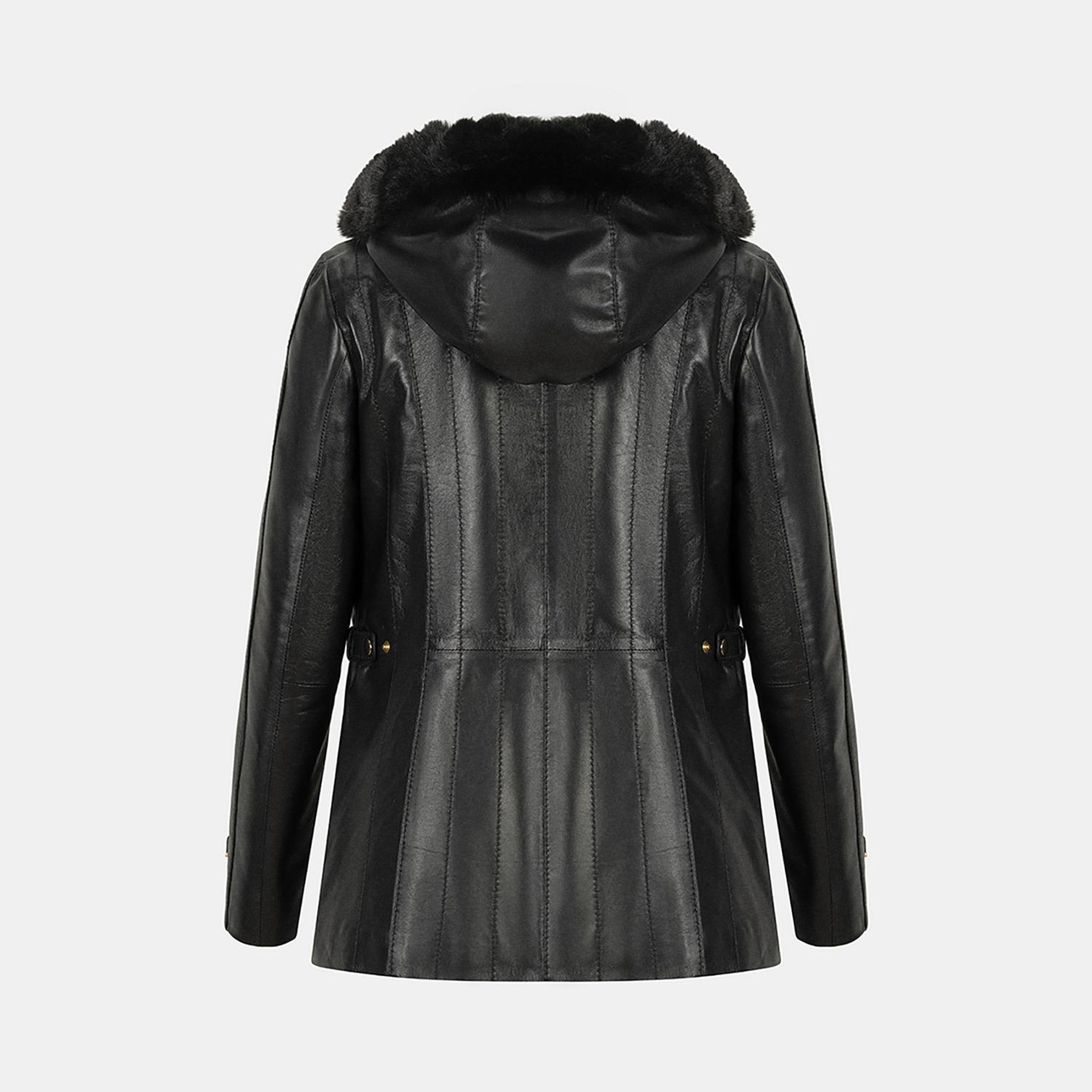 Kadın Siyah Kapüşonlu Deri Mont