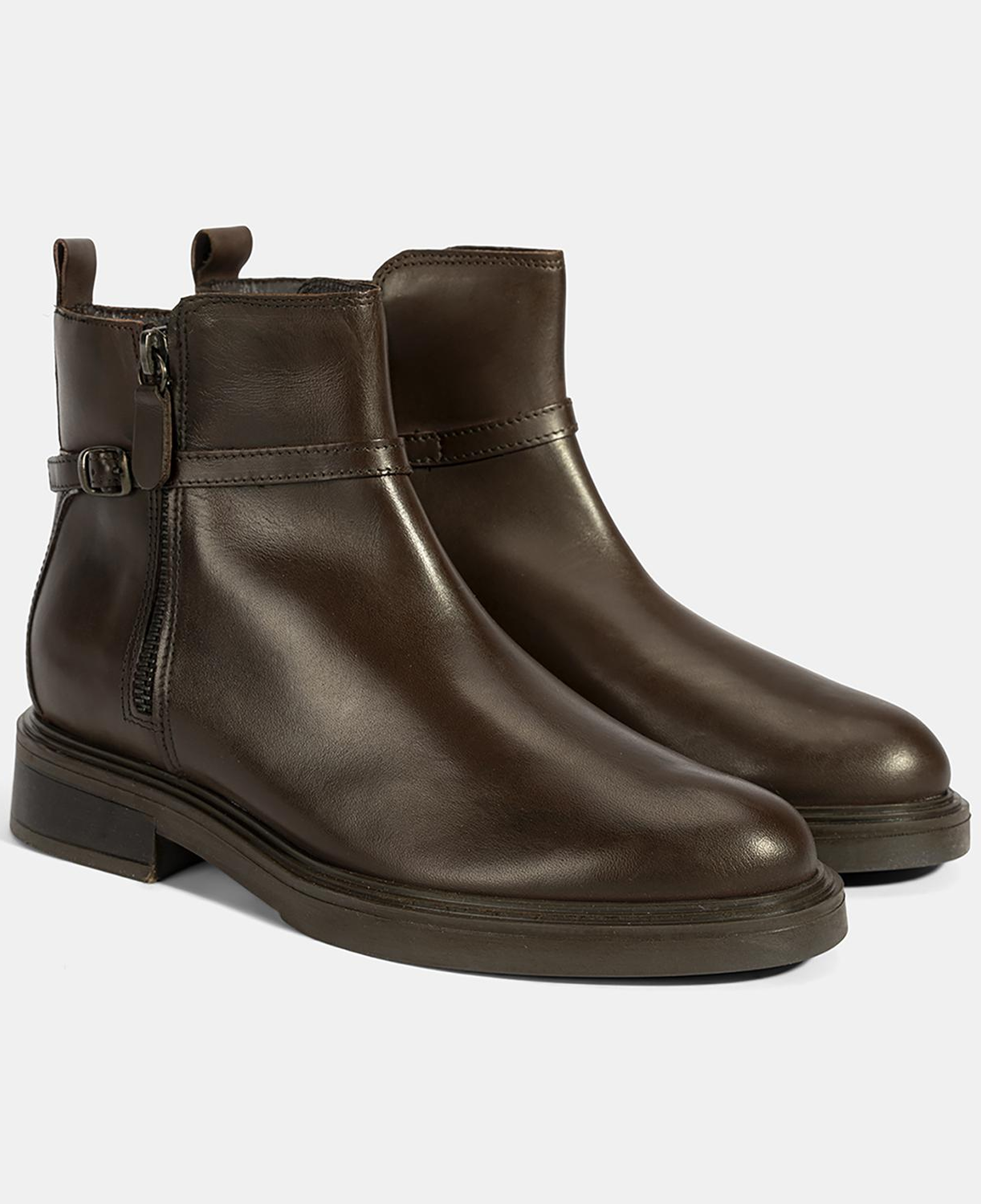 Kadın Kahve Metal Toka Detaylı Fermuarlı Deri Bot