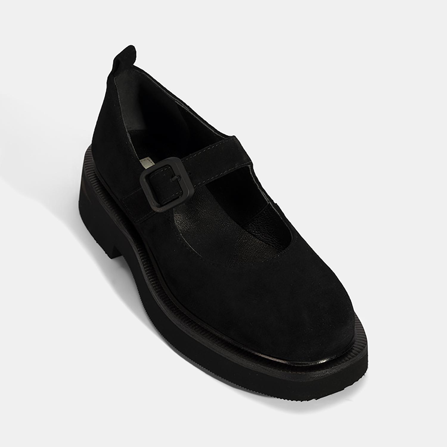 Kadın Siyah Ayarlanabilir Tokalı Mary Jane Süet Günlük Ayakkabı