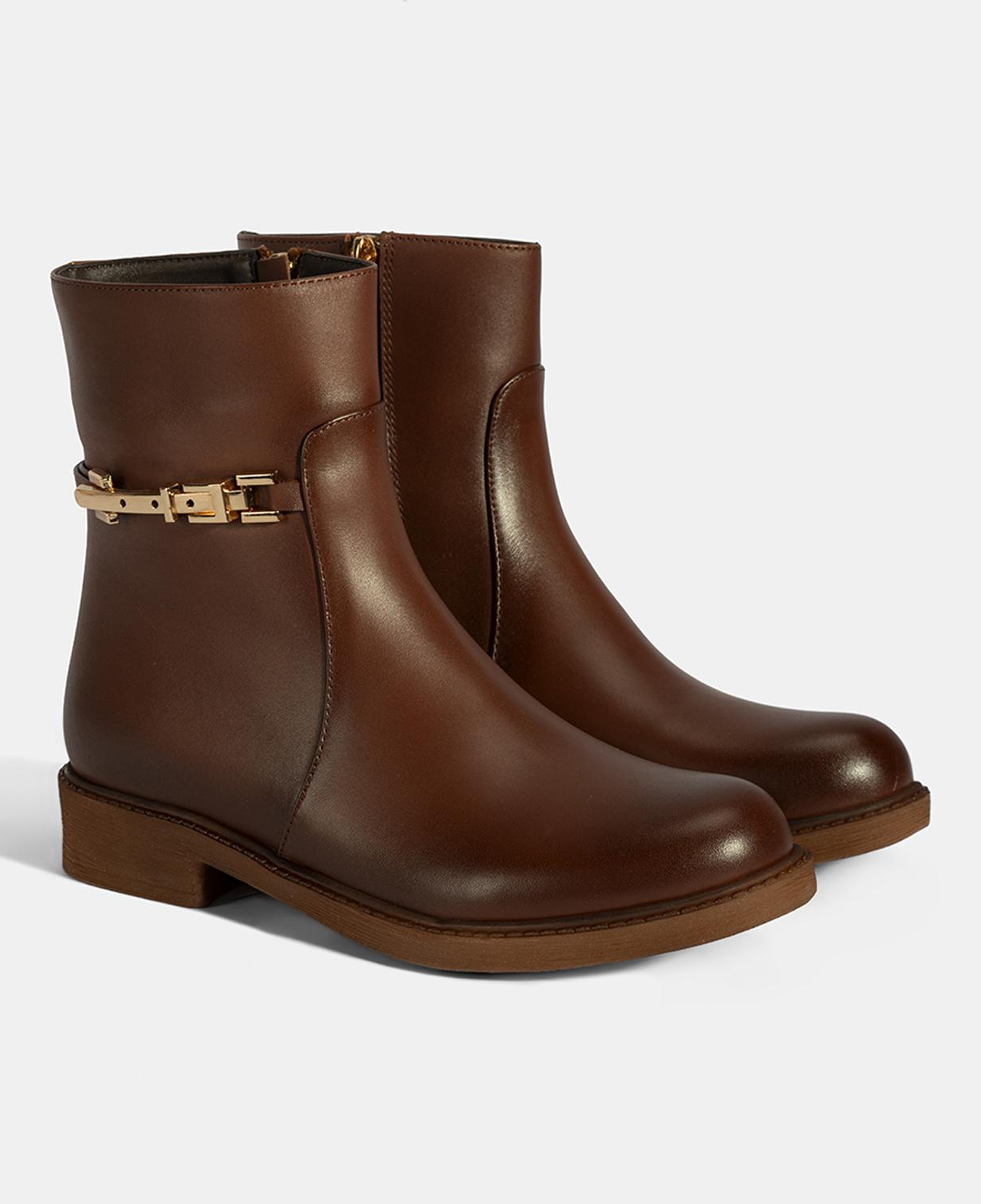 Kadın Taba Metal Aksesuarlı Deri Bot