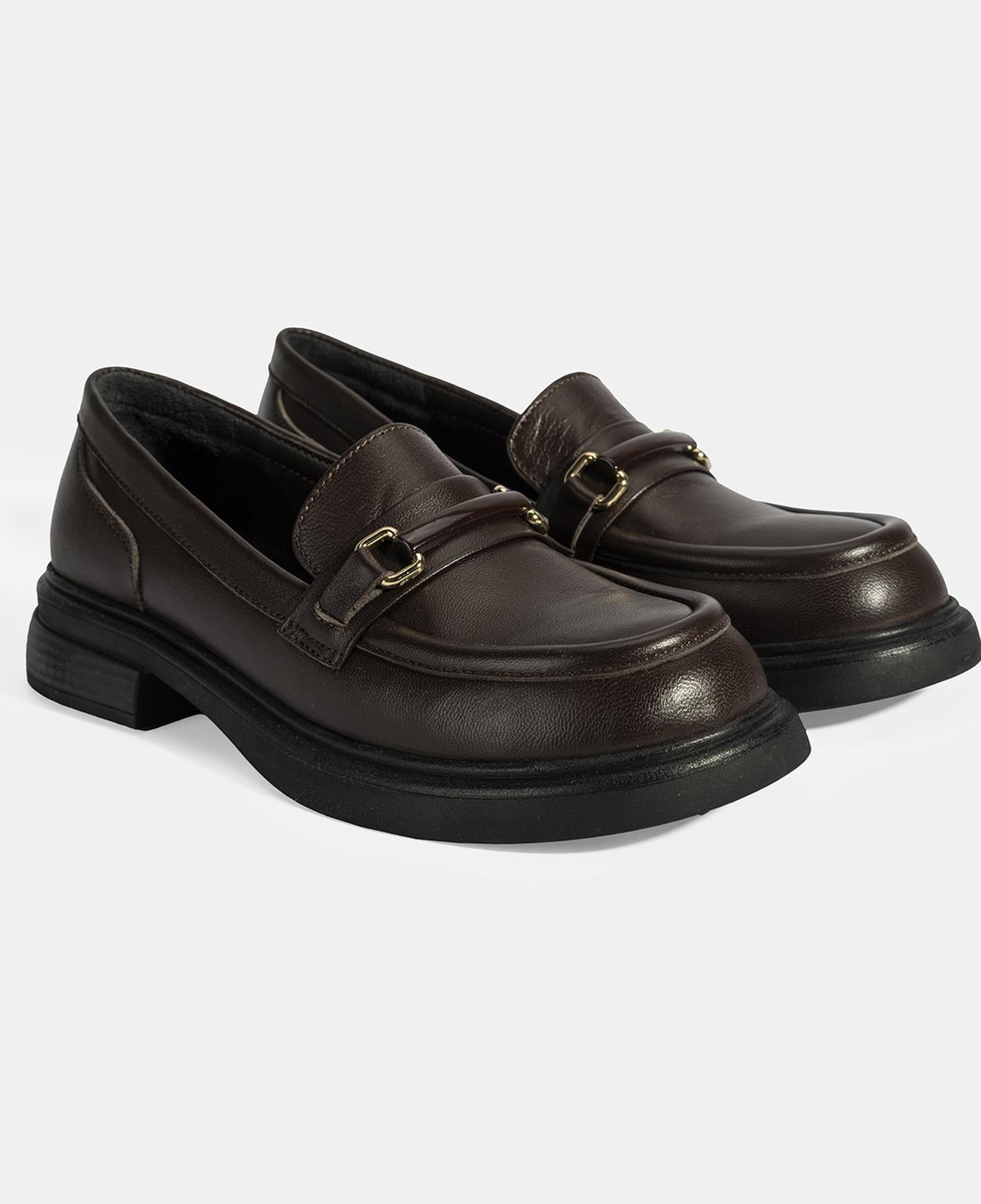 Kadın Kahve Metal Toka Detaylı Deri Loafer